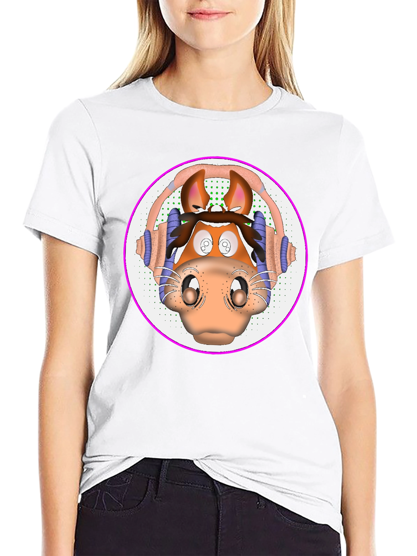 Cartoon Horse Headphone Graphic T-Shirt