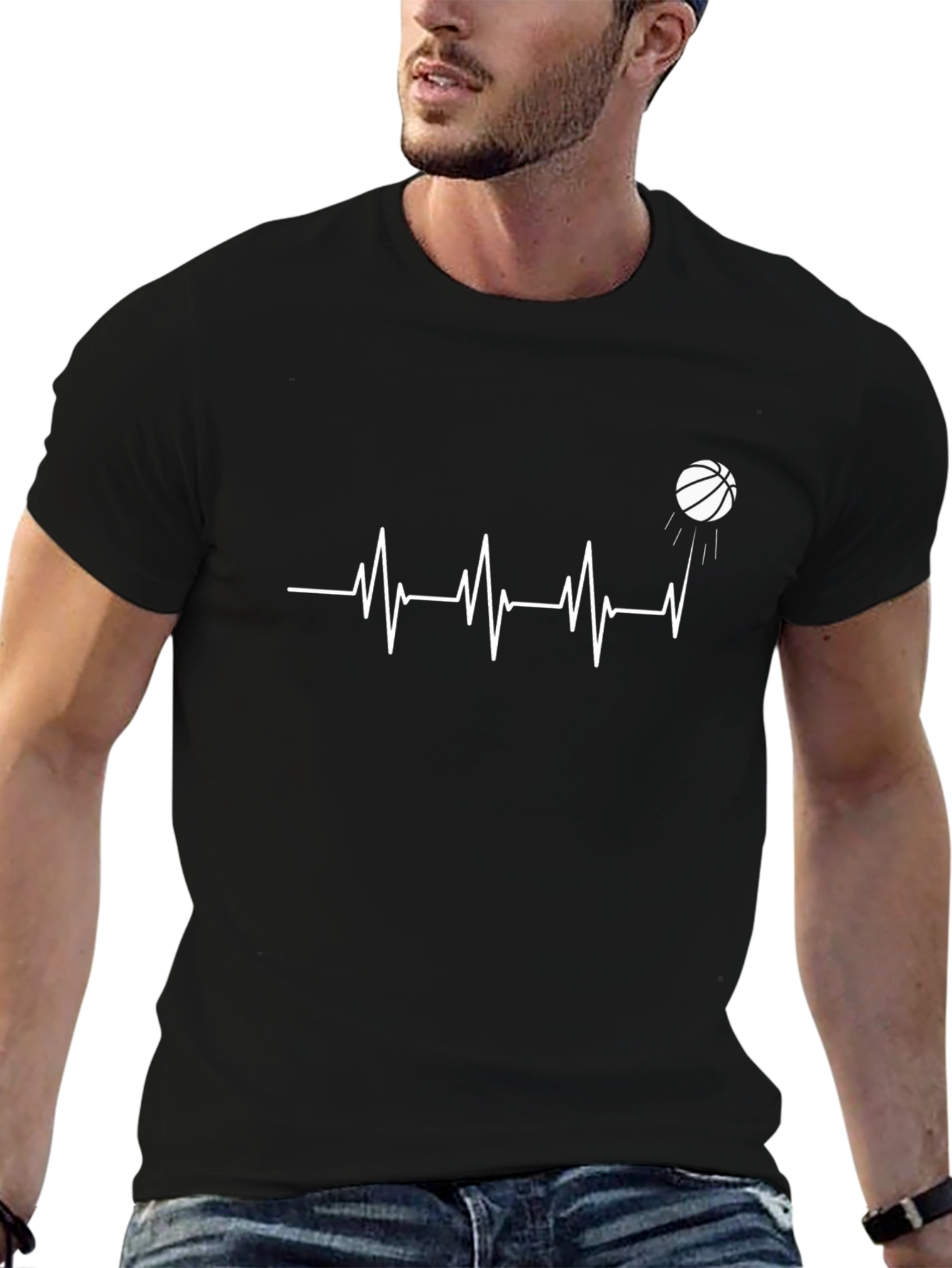Basketball Heartbeat Graphic T-Shirt - Black