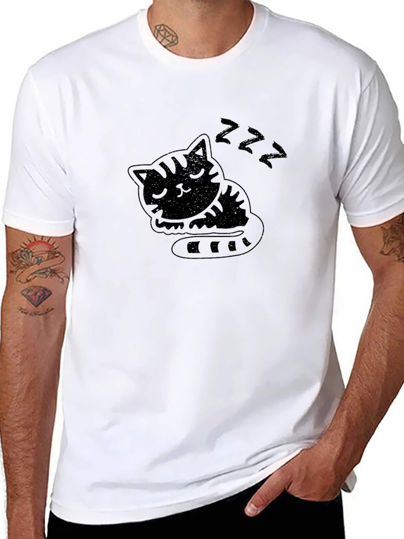 Sleeping Cat Graphic Tee - Black Cotton T-Shirt