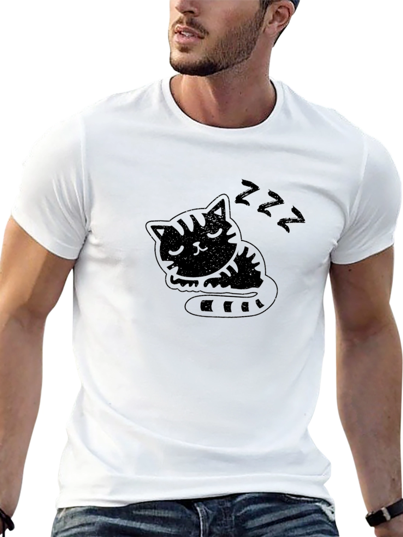Sleeping Cat Graphic Tee - Black Cotton T-Shirt