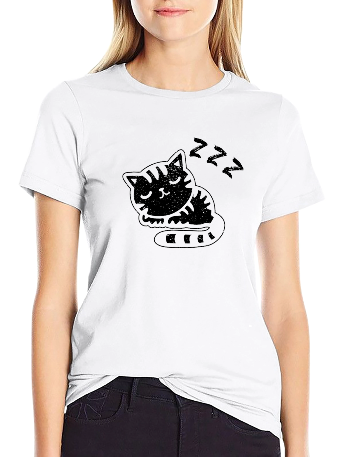 Sleeping Cat Graphic Tee - Black Cotton T-Shirt