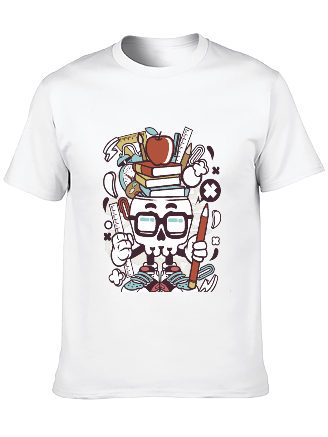 Black Graphic T-Shirt with School Supplies Skull