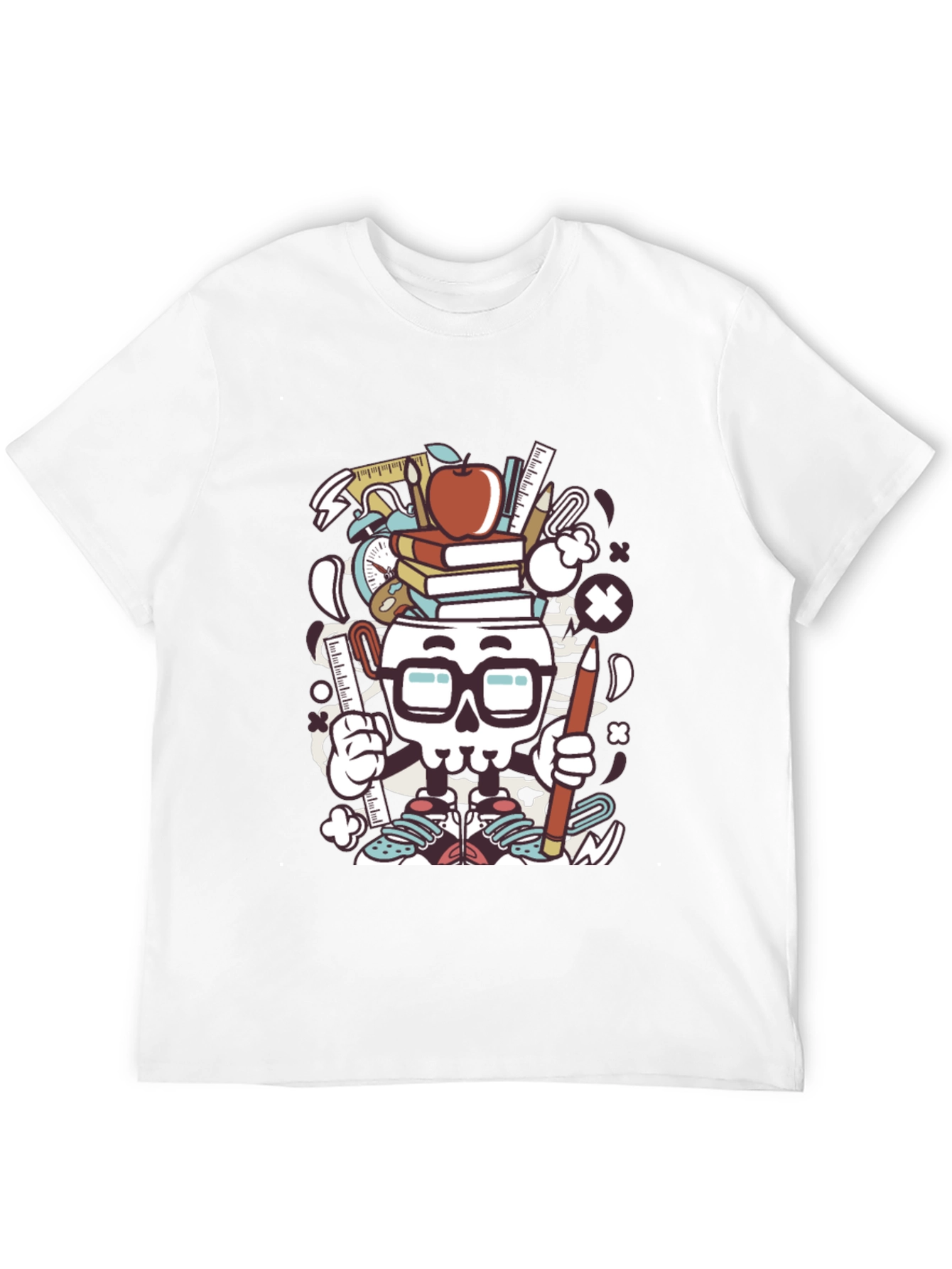 Black Graphic T-Shirt with School Supplies Skull