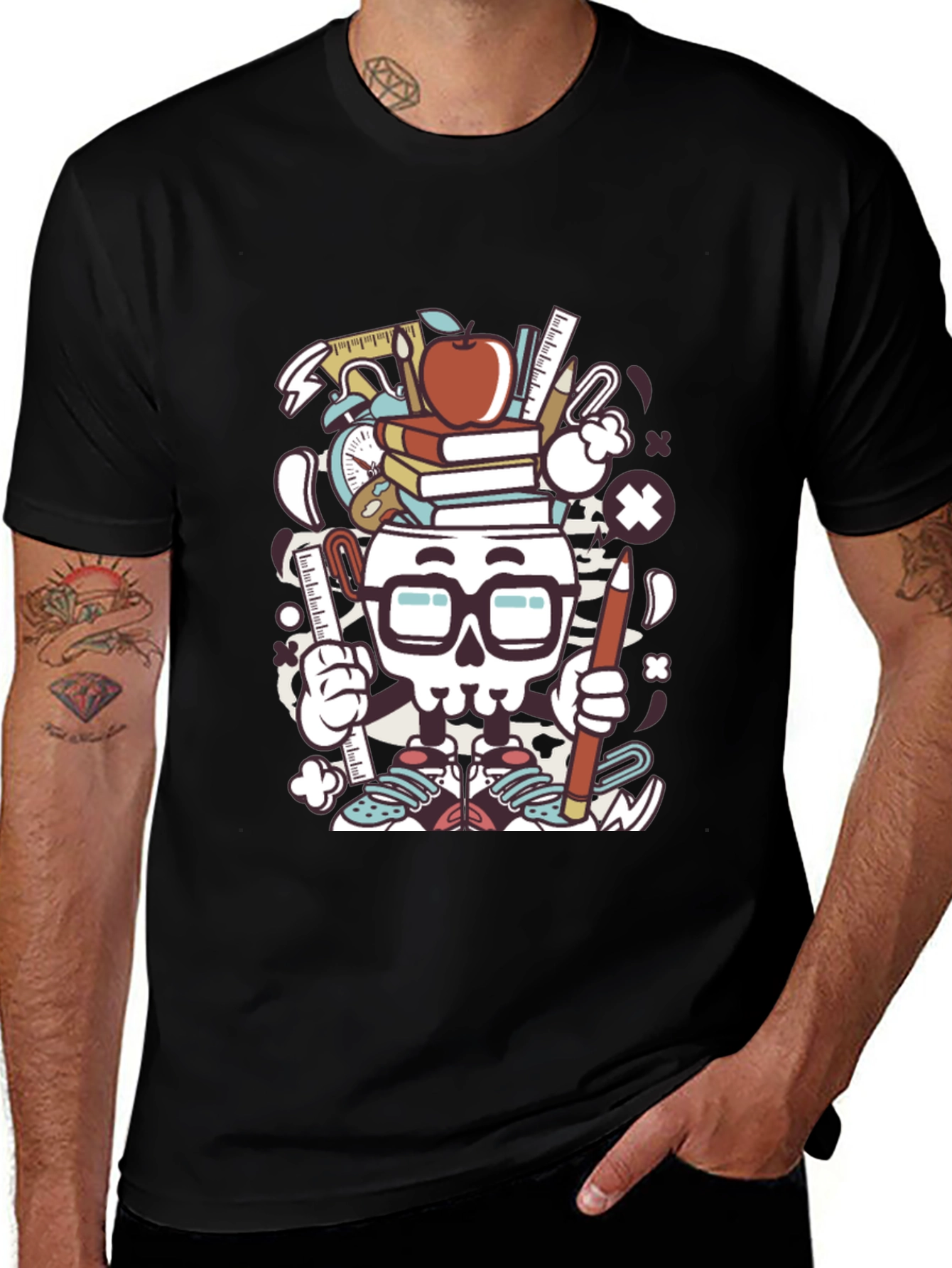 Black Graphic T-Shirt with School Supplies Skull