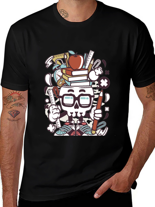Black Graphic T-Shirt with School Supplies Skull