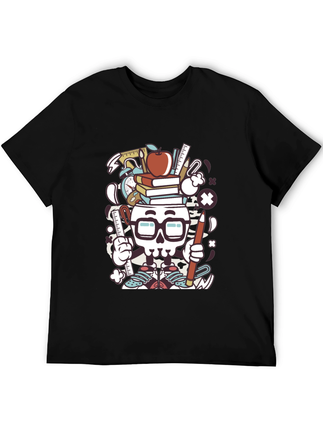Black Graphic T-Shirt with School Supplies Skull