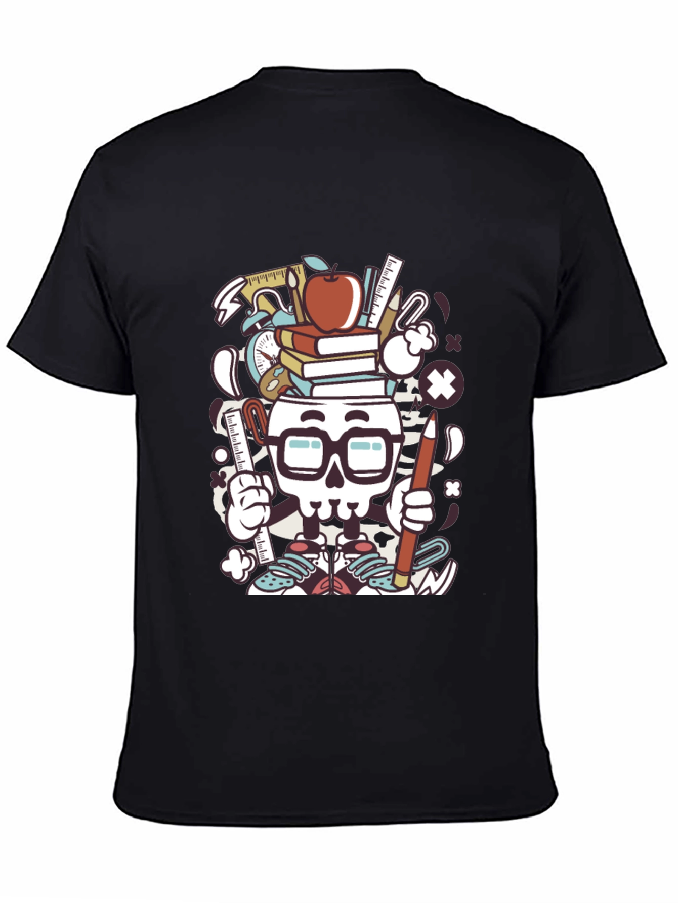 Black Graphic T-Shirt with School Supplies Skull
