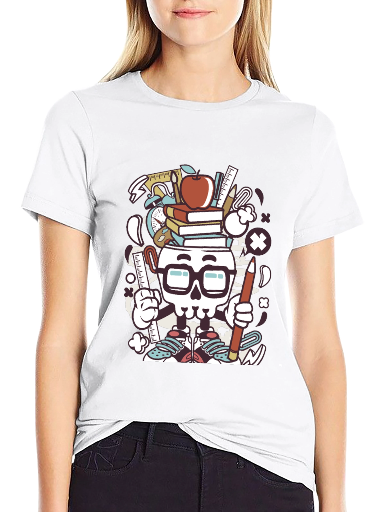 Black Graphic T-Shirt with School Supplies Skull