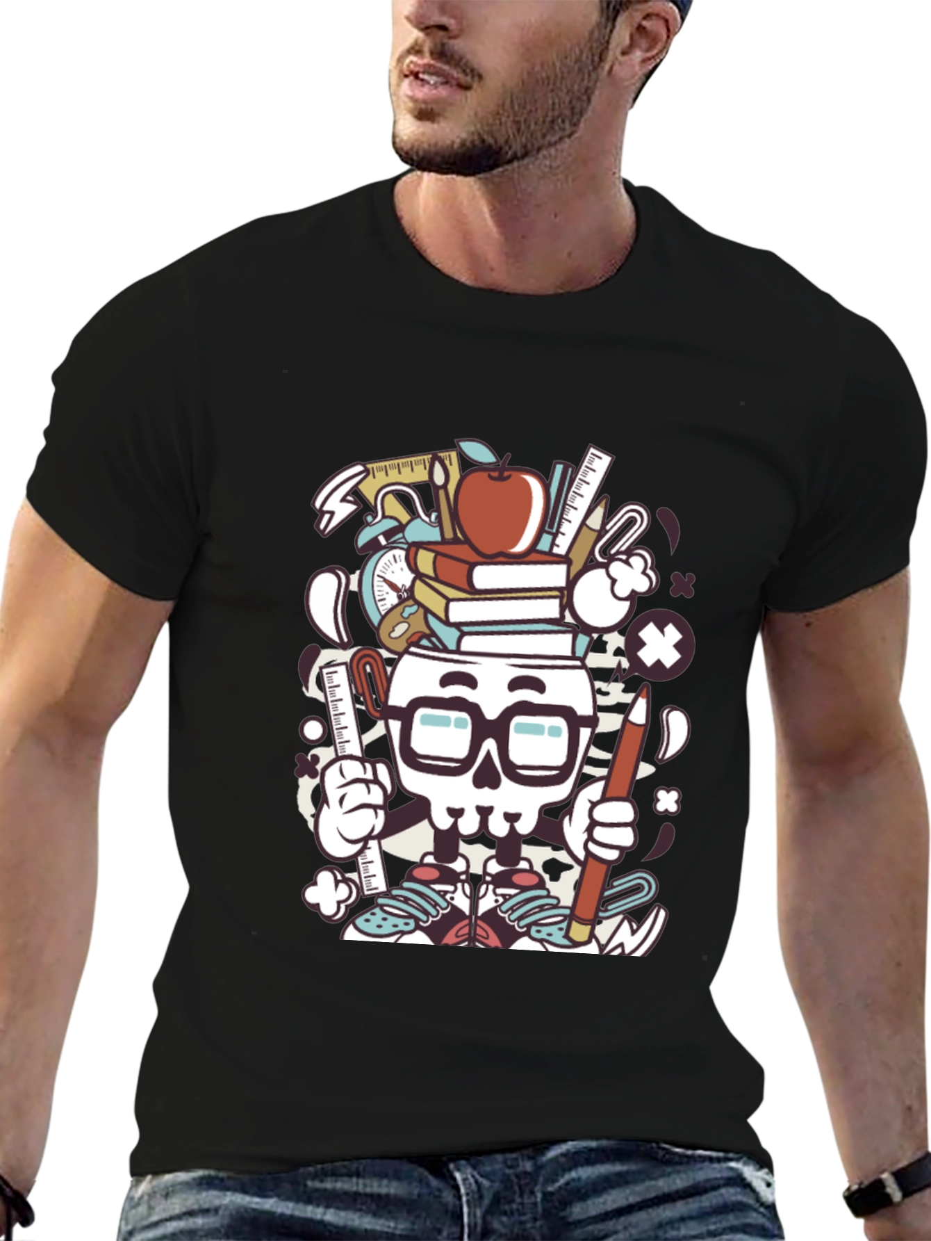 Black Graphic T-Shirt with School Supplies Skull