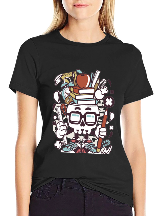 Black Graphic T-Shirt with School Supplies Skull