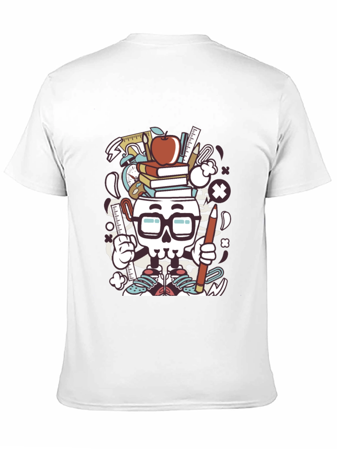 Black Graphic T-Shirt with School Supplies Skull