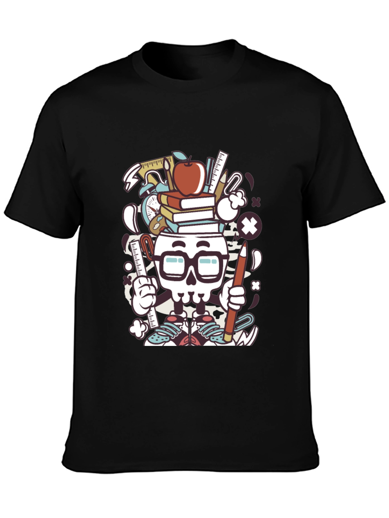 Black Graphic T-Shirt with School Supplies Skull