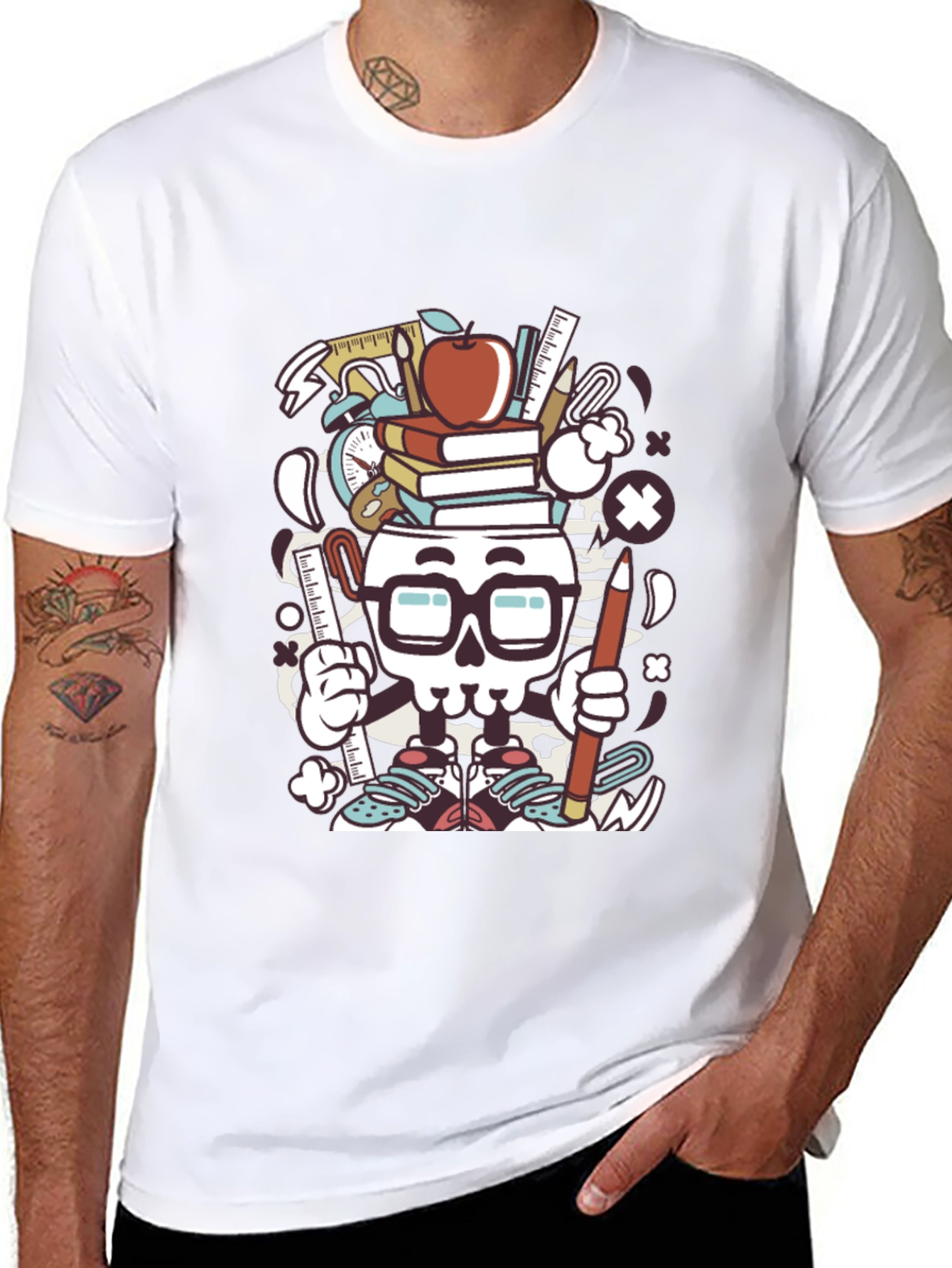 Black Graphic T-Shirt with School Supplies Skull