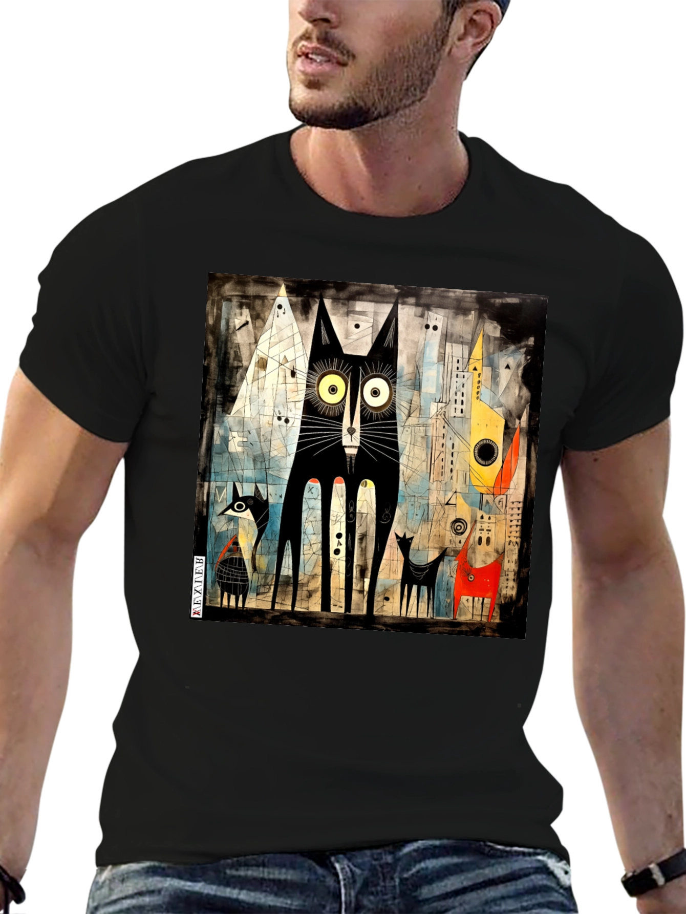 Abstract Cat Art Black T-Shirt