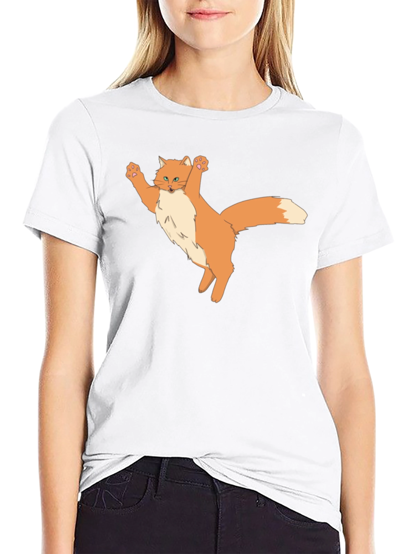 Black T-Shirt with Cartoon Cat Design