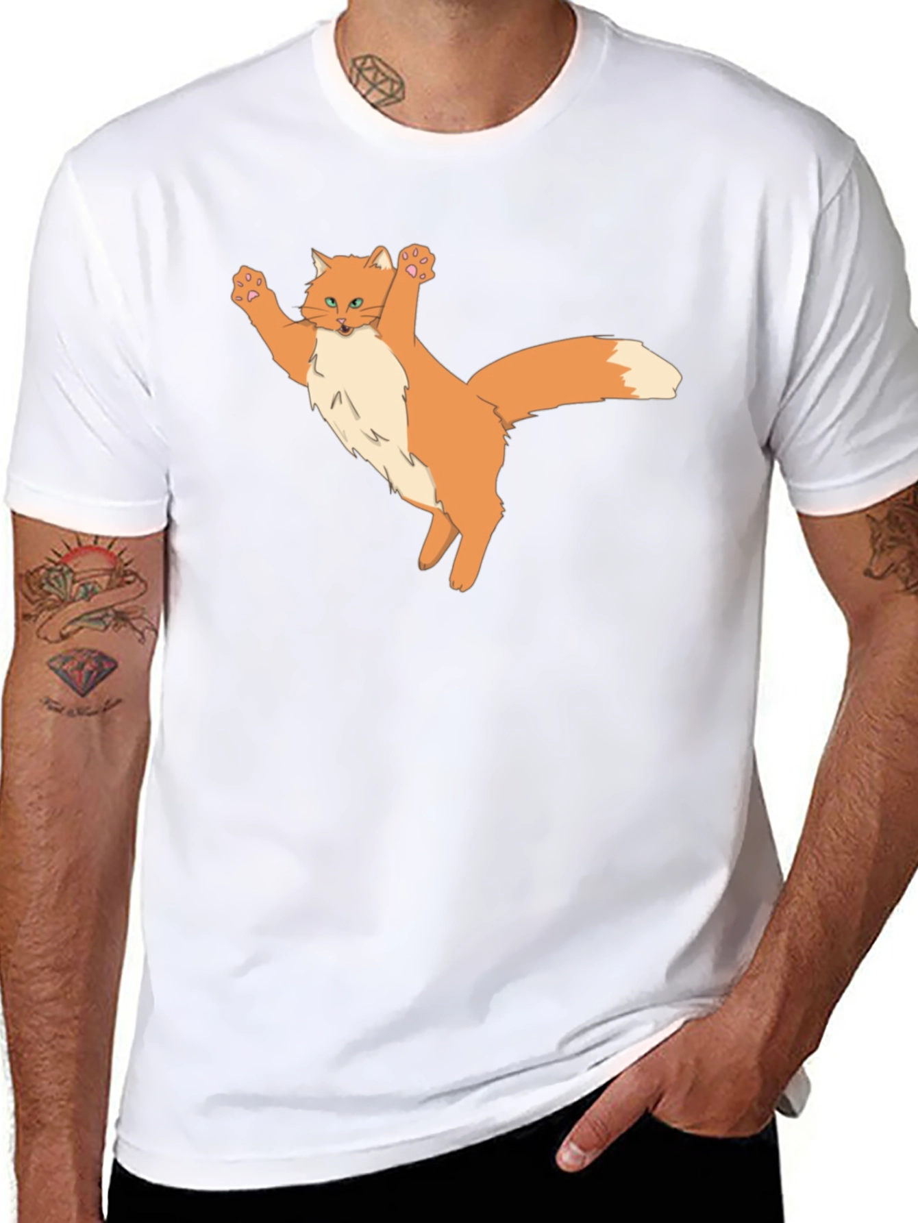 Black T-Shirt with Cartoon Cat Design