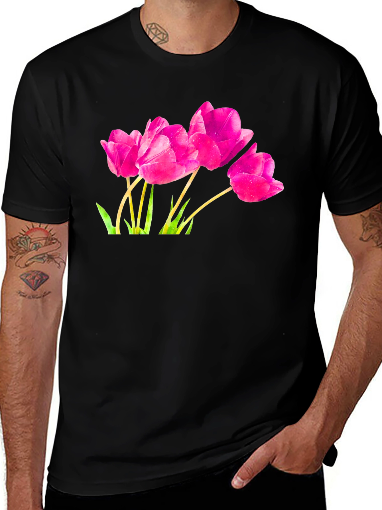 Pink Tulip Graphic Black T-Shirt