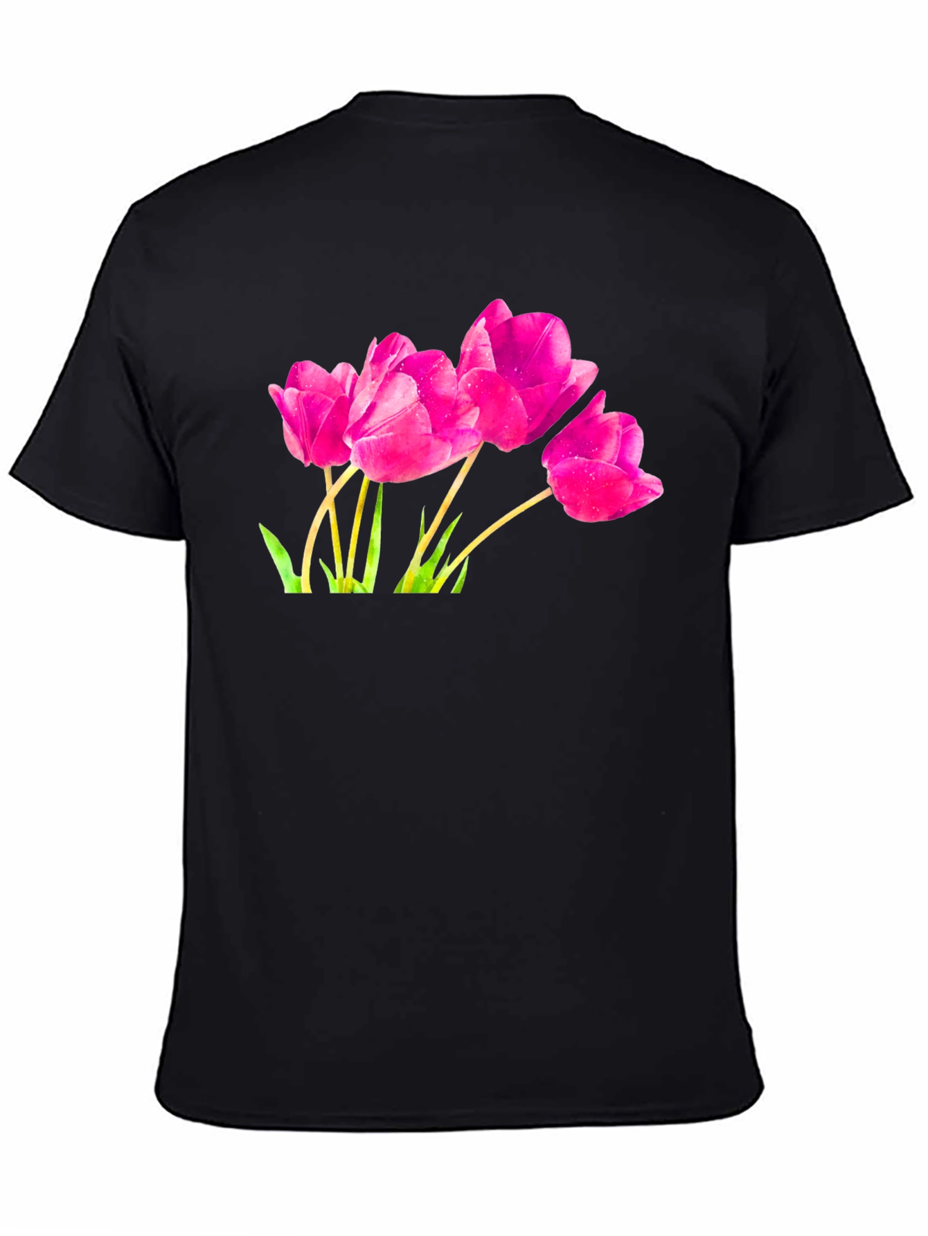 Pink Tulip Graphic Black T-Shirt