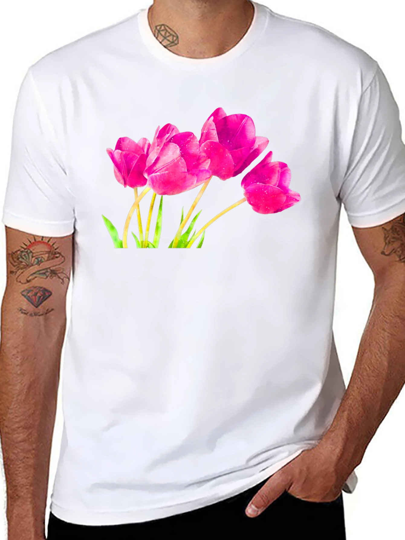 Pink Tulip Graphic Black T-Shirt