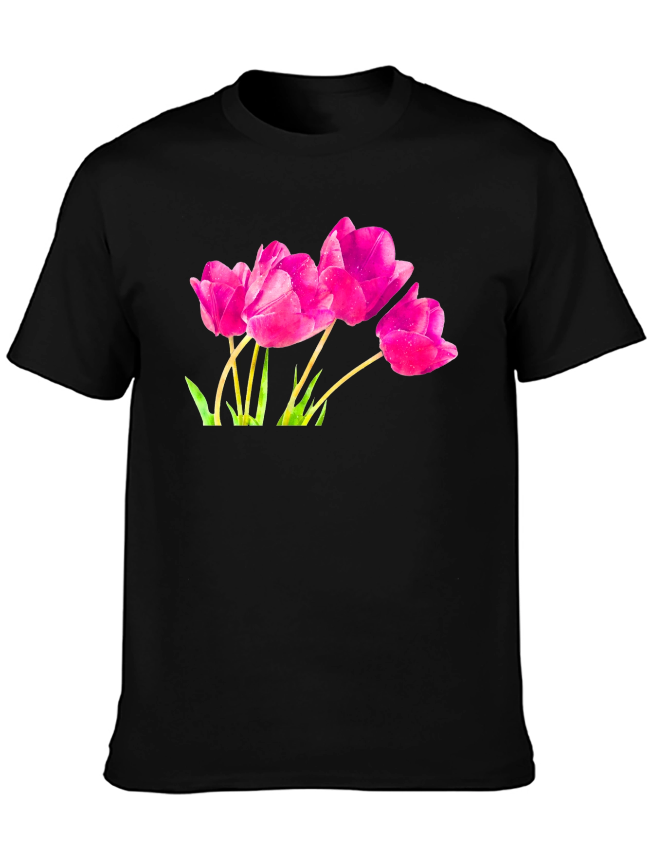 Pink Tulip Graphic Black T-Shirt