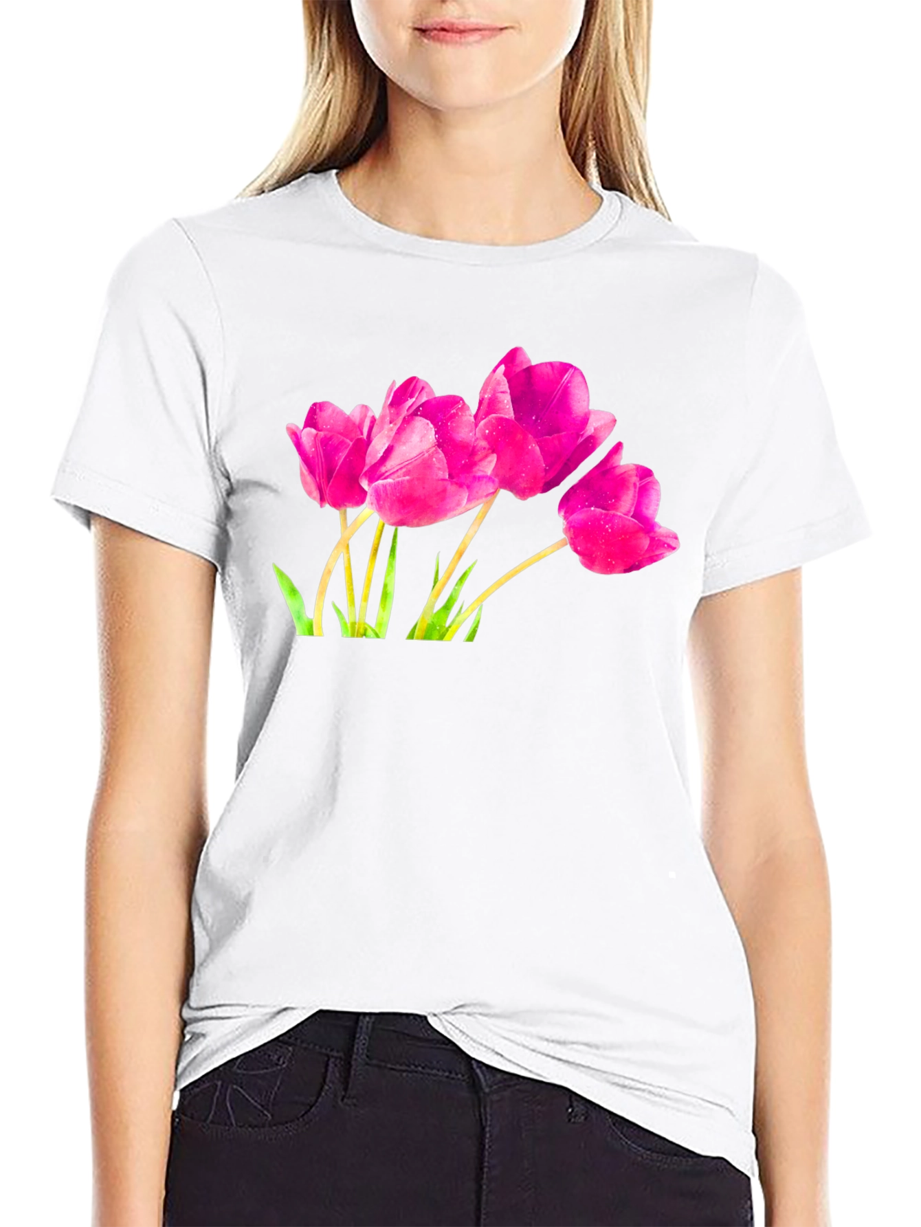 Pink Tulip Graphic Black T-Shirt