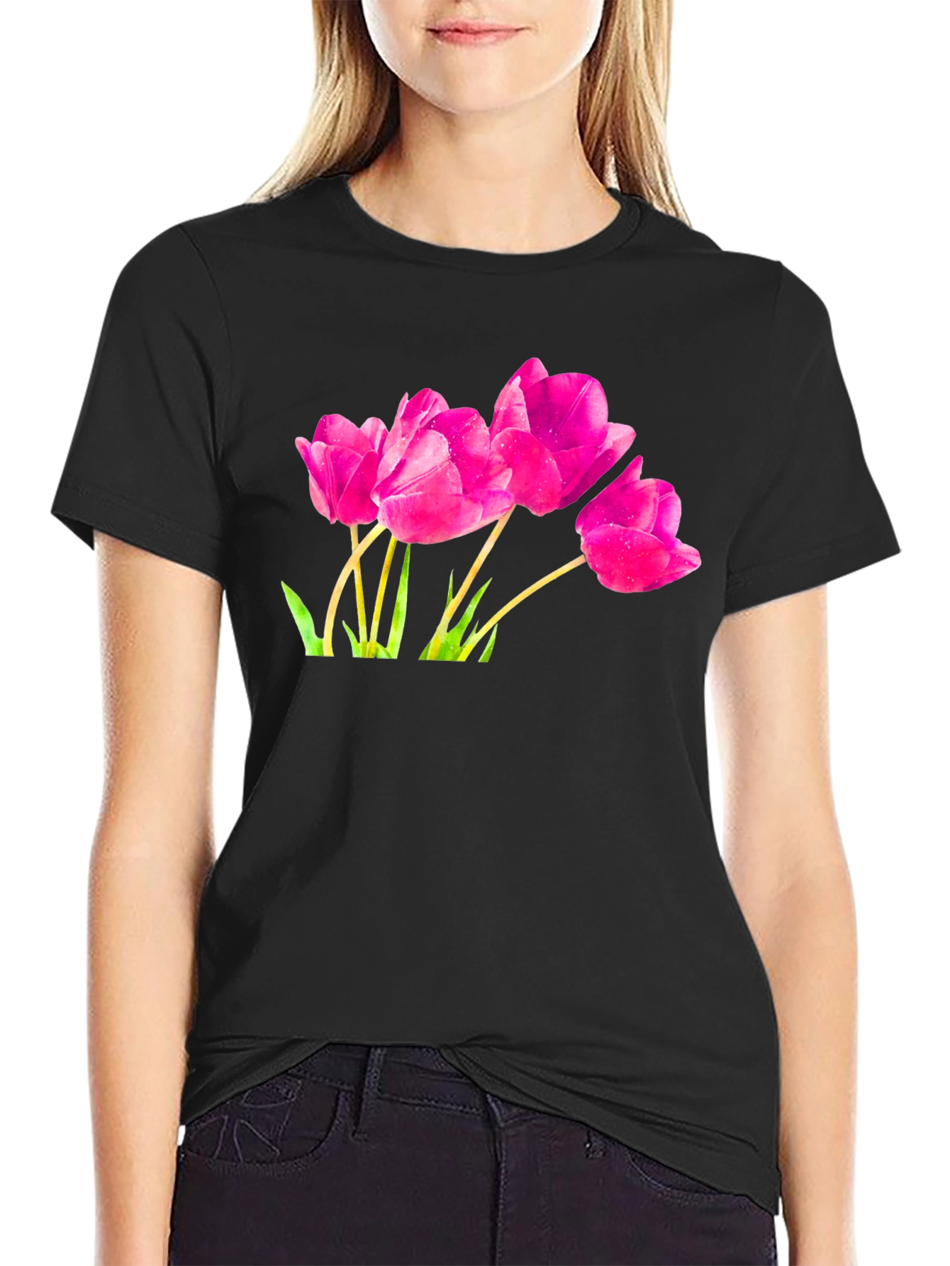 Pink Tulip Graphic Black T-Shirt