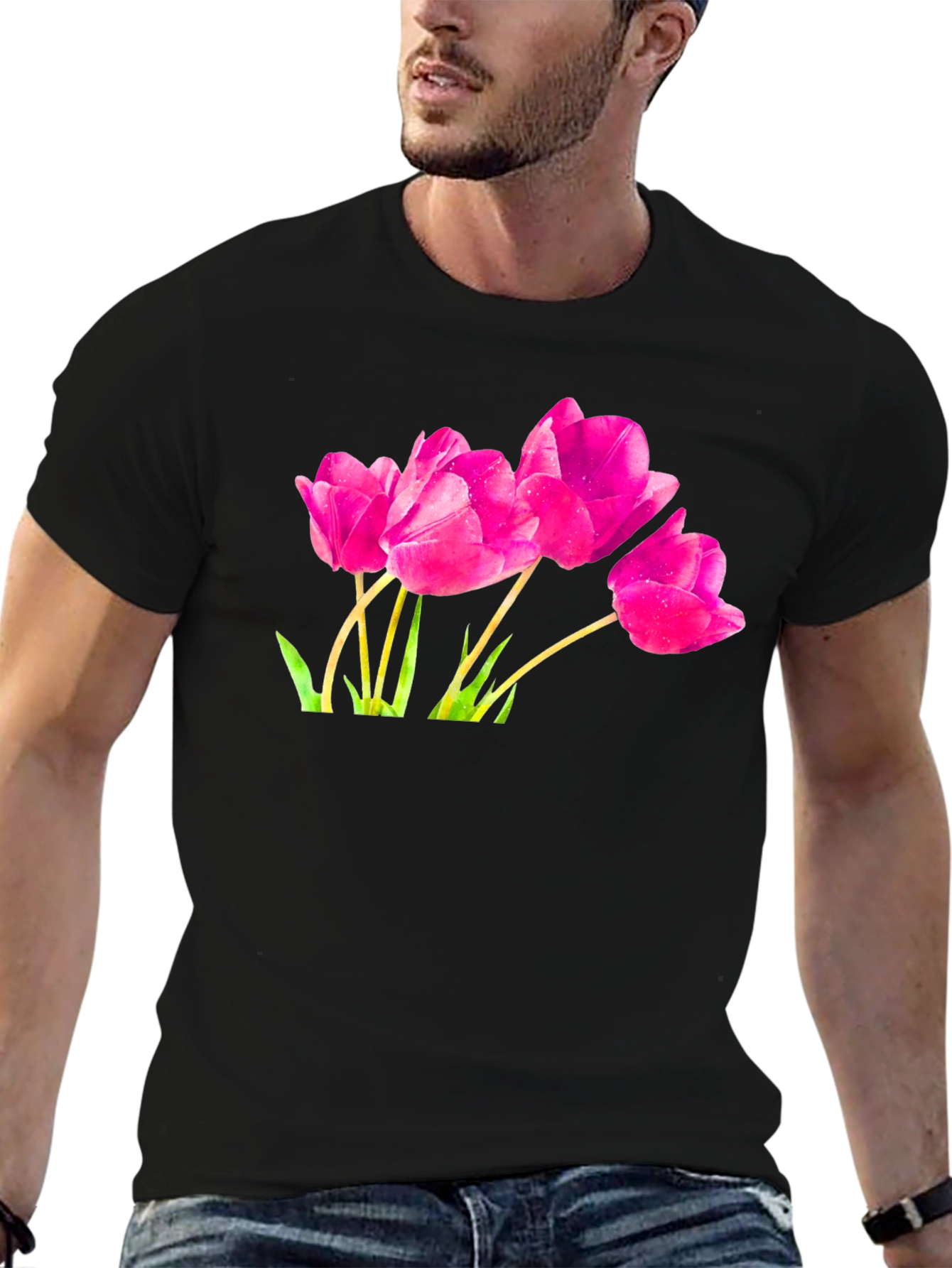 Pink Tulip Graphic Black T-Shirt