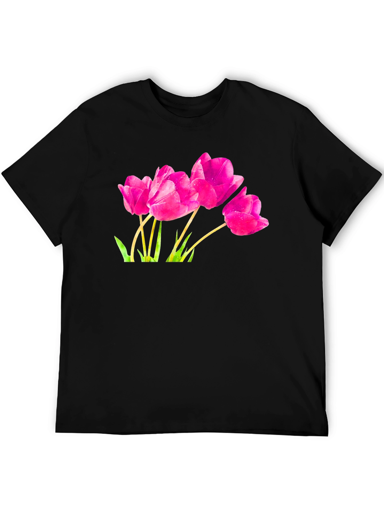 Pink Tulip Graphic Black T-Shirt
