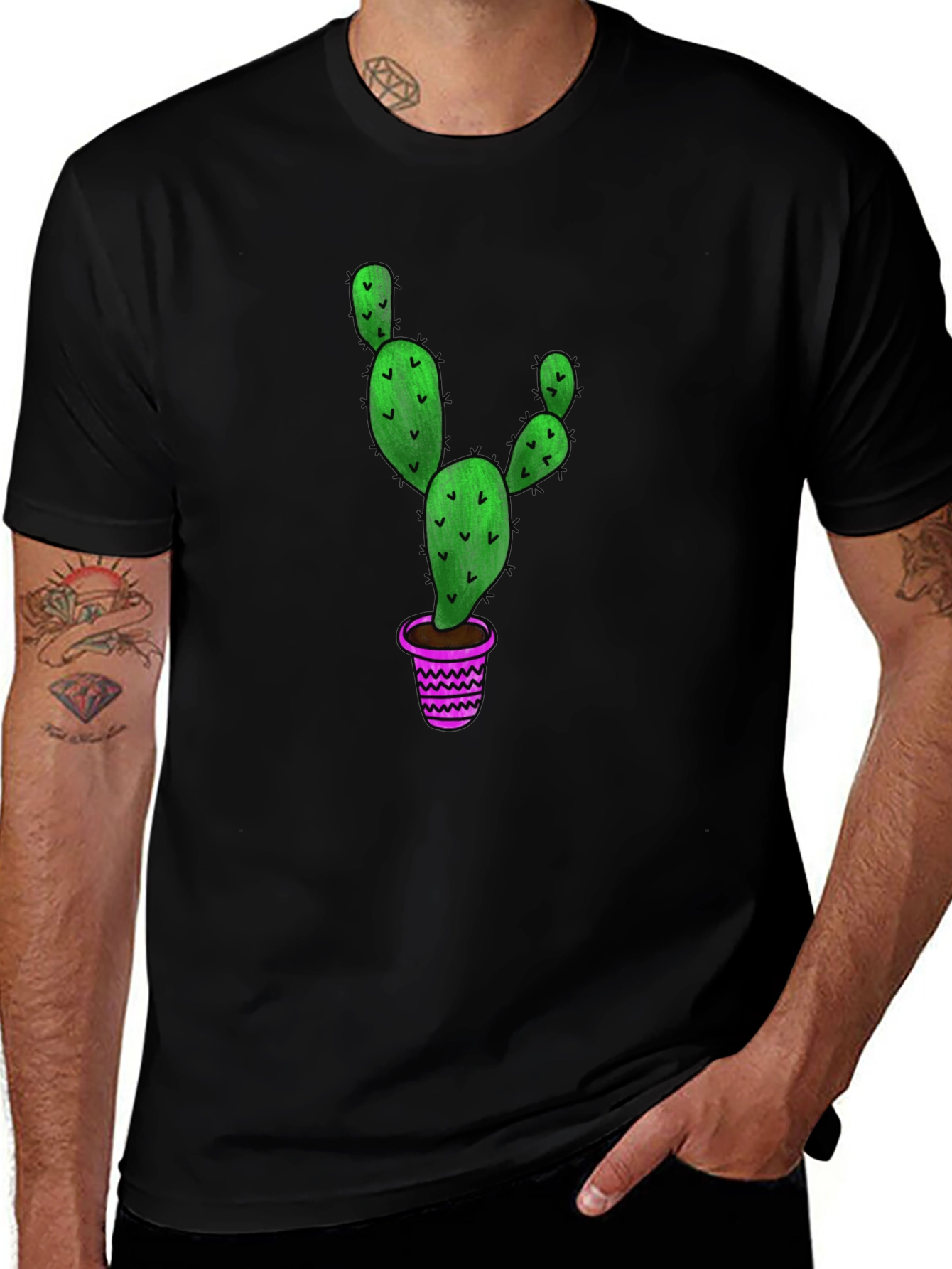 Cactus Graphic T-Shirt - Black Cotton Blend Casual Tee
