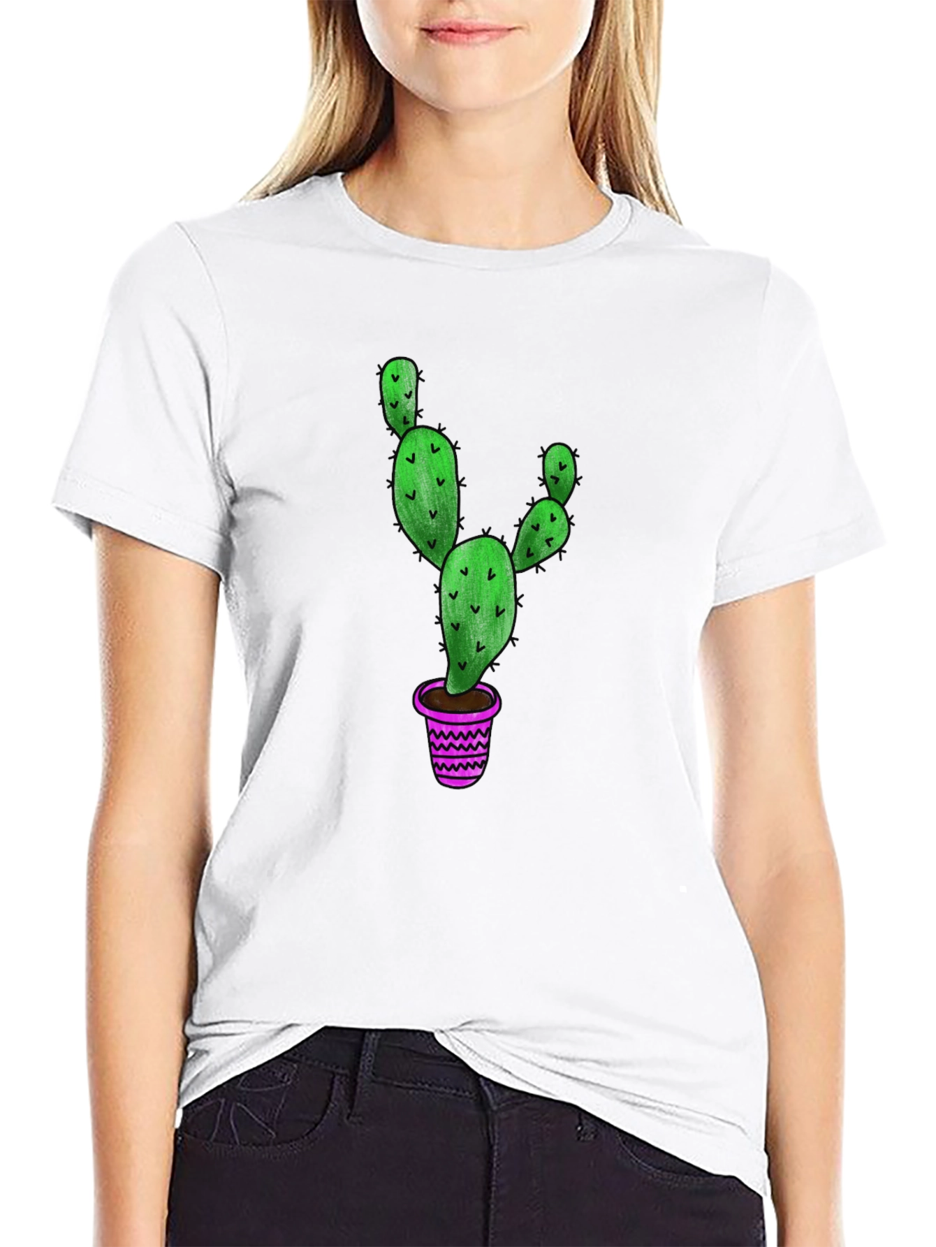 Cactus Graphic T-Shirt - Black Cotton Blend Casual Tee