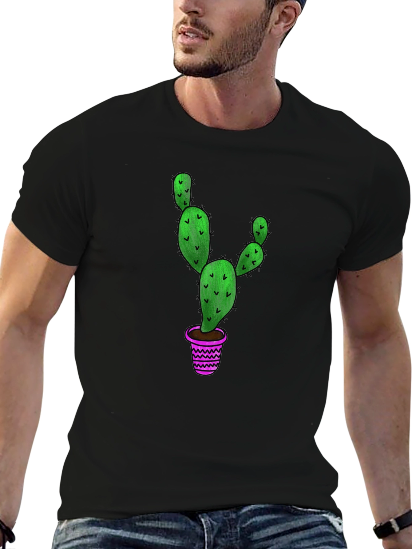 Cactus Graphic T-Shirt - Black Cotton Blend Casual Tee