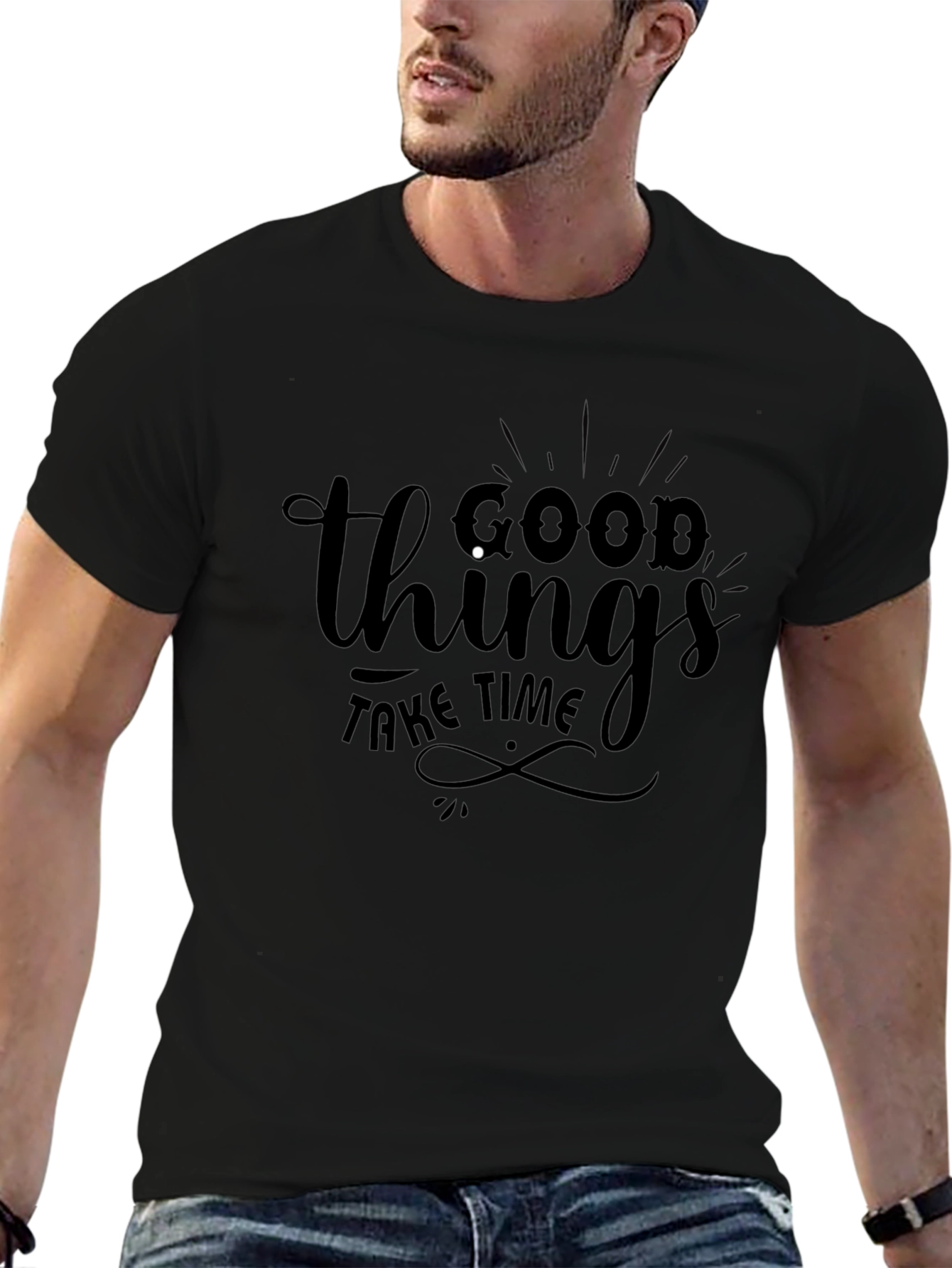 Good Things Take Time Black Graphic T-Shirt