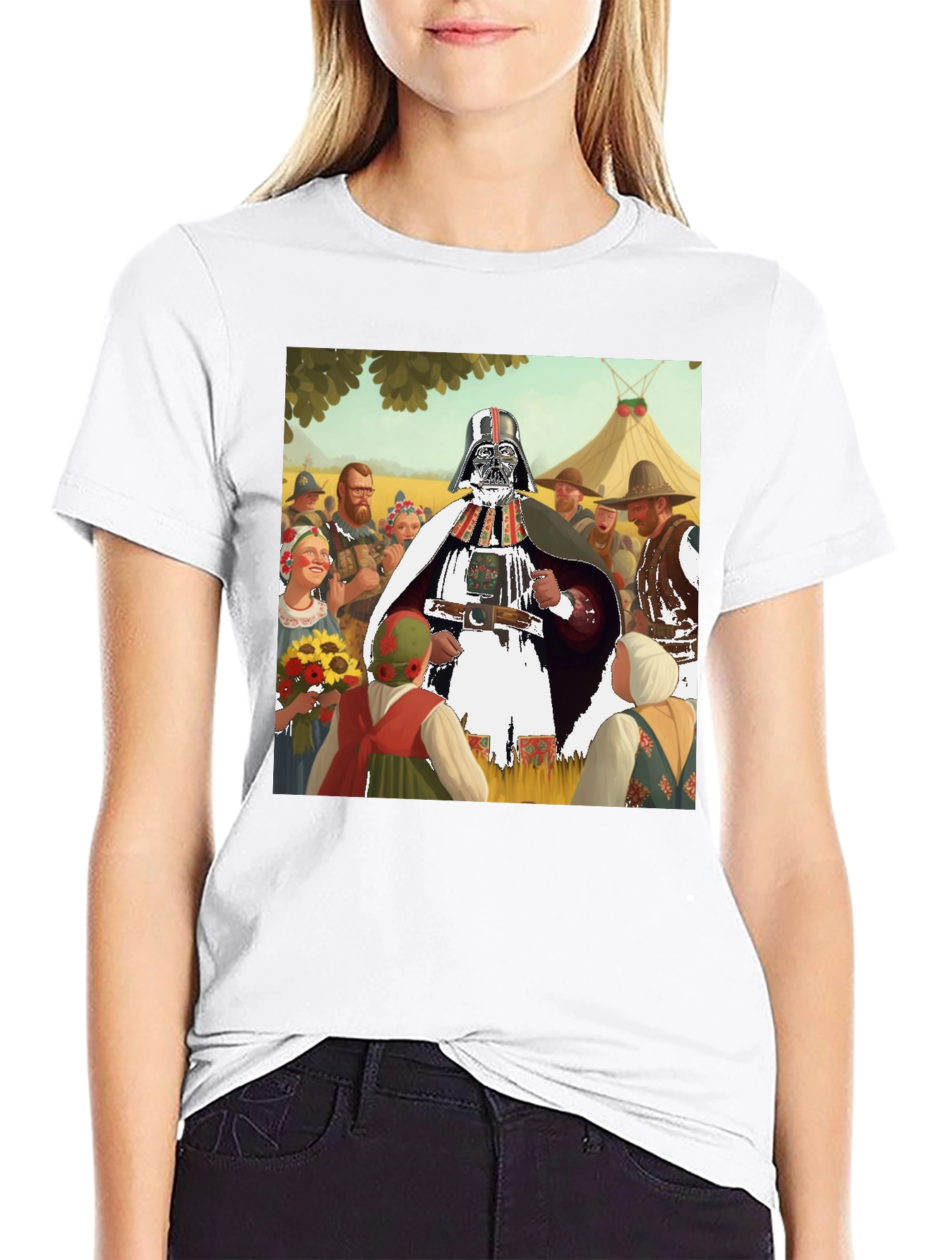 Darth Vader in Traditional Folk Art Black T-Shirt