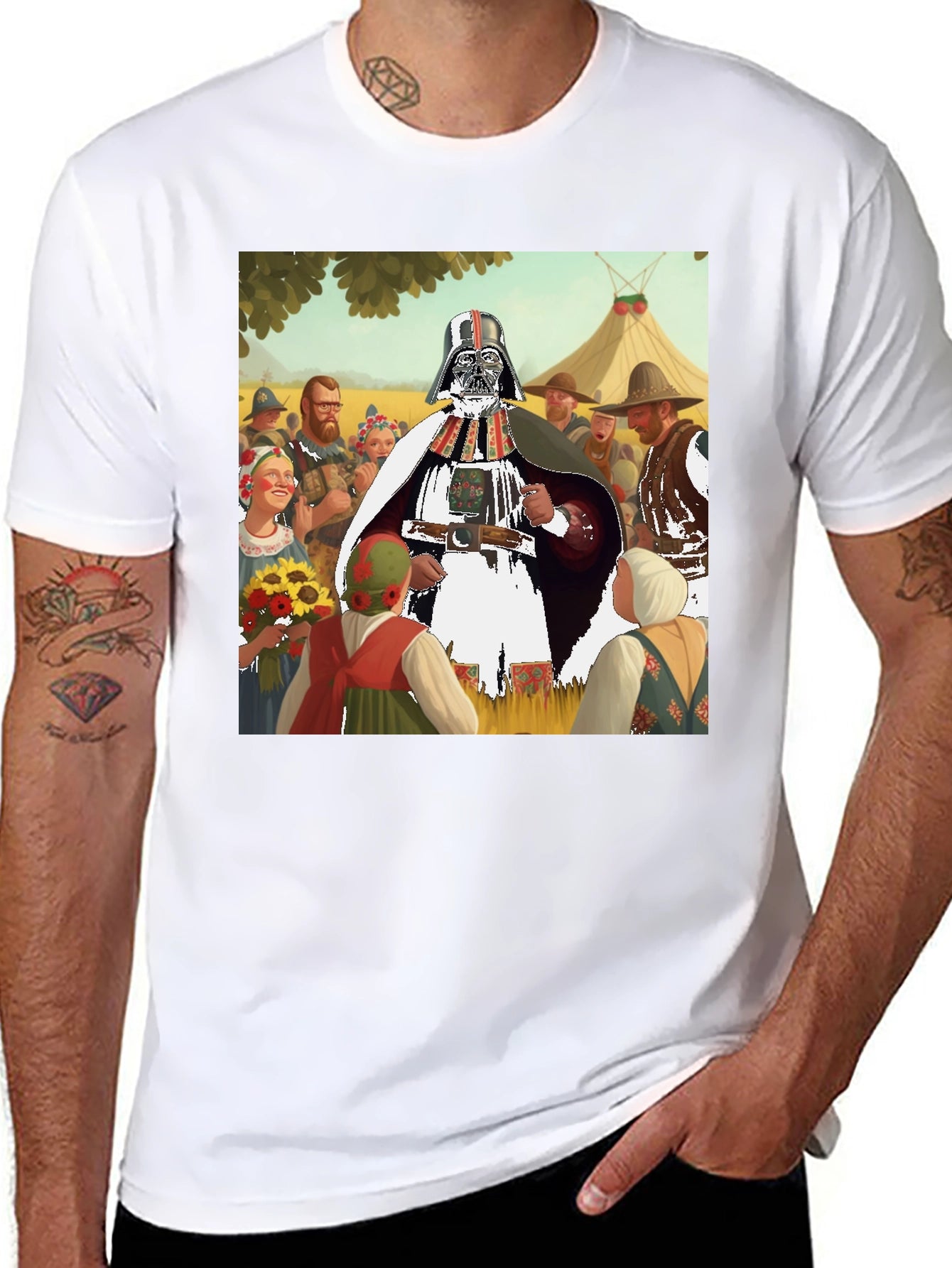 Darth Vader in Traditional Folk Art Black T-Shirt