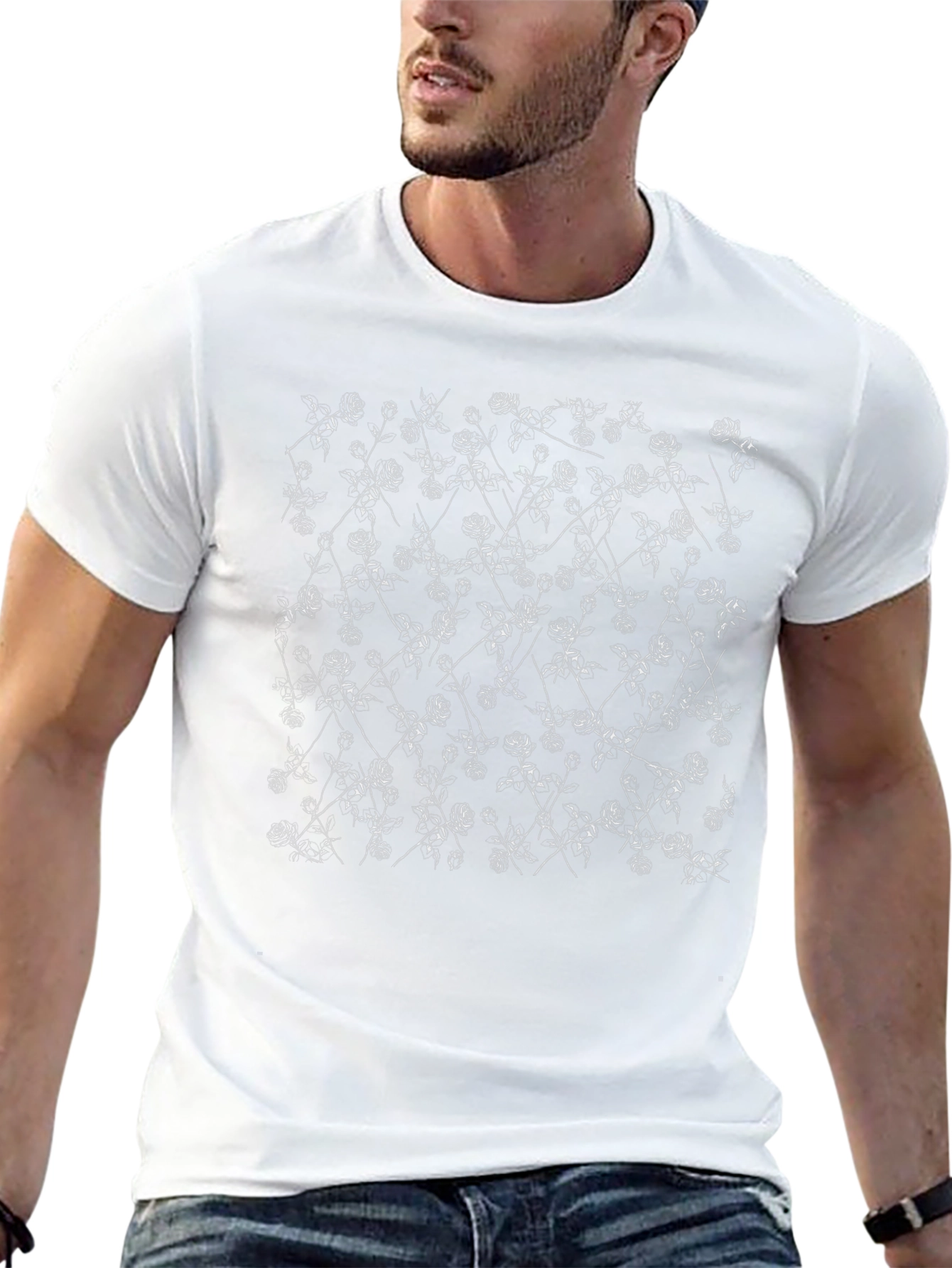 Elegant Rose Print Black T-Shirt