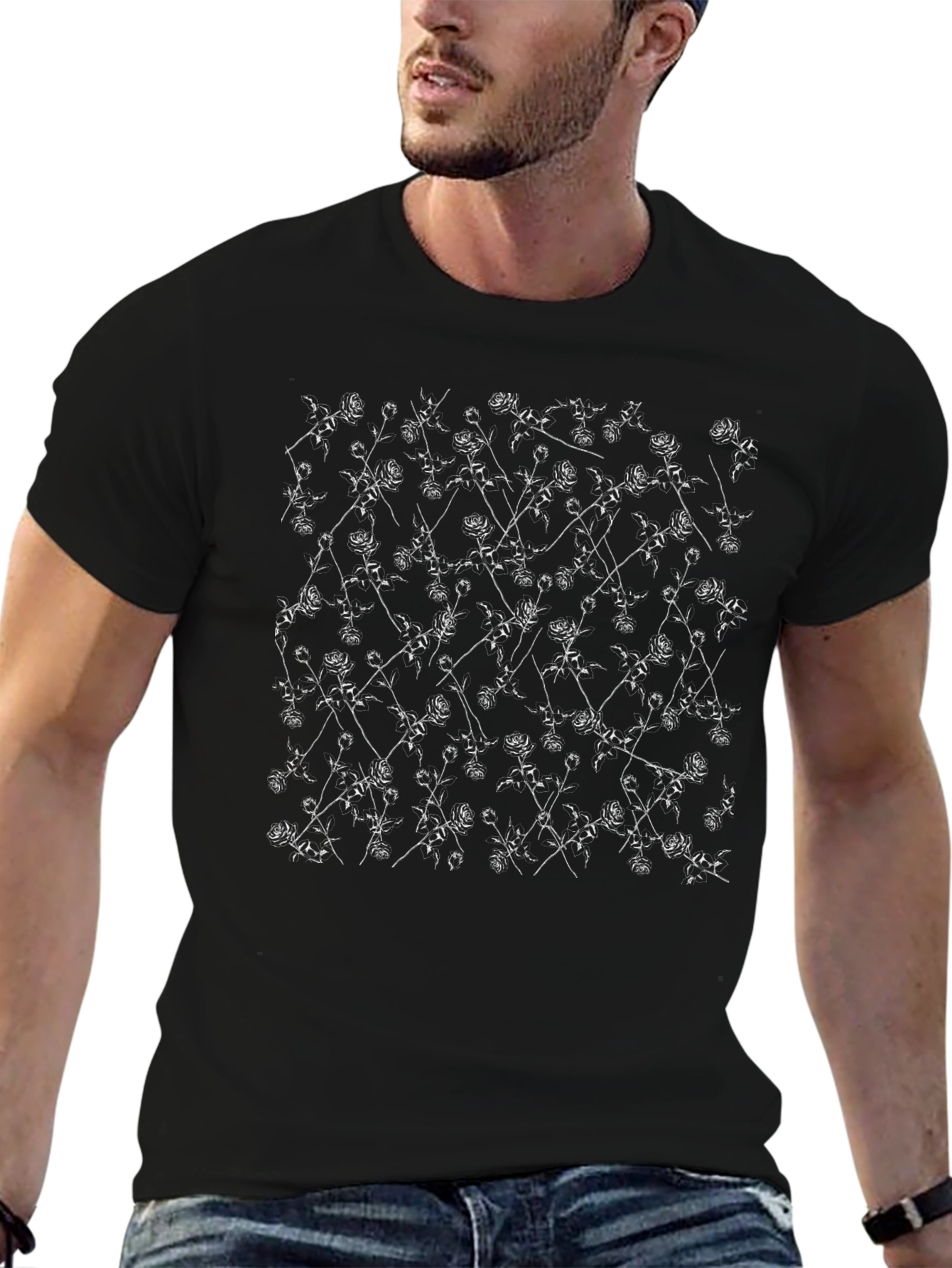 Elegant Rose Print Black T-Shirt