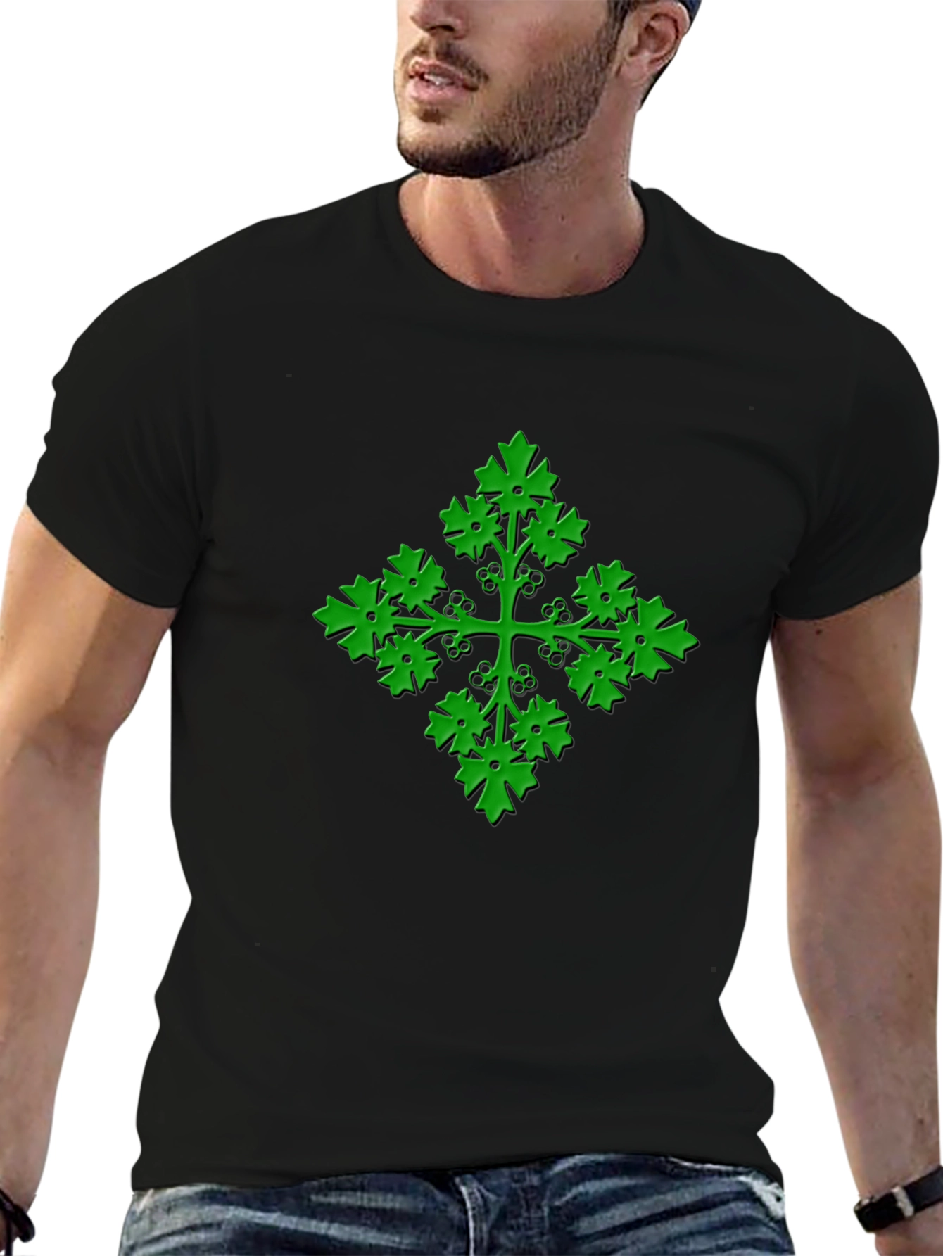 Green Leaf Cross Black T-Shirt