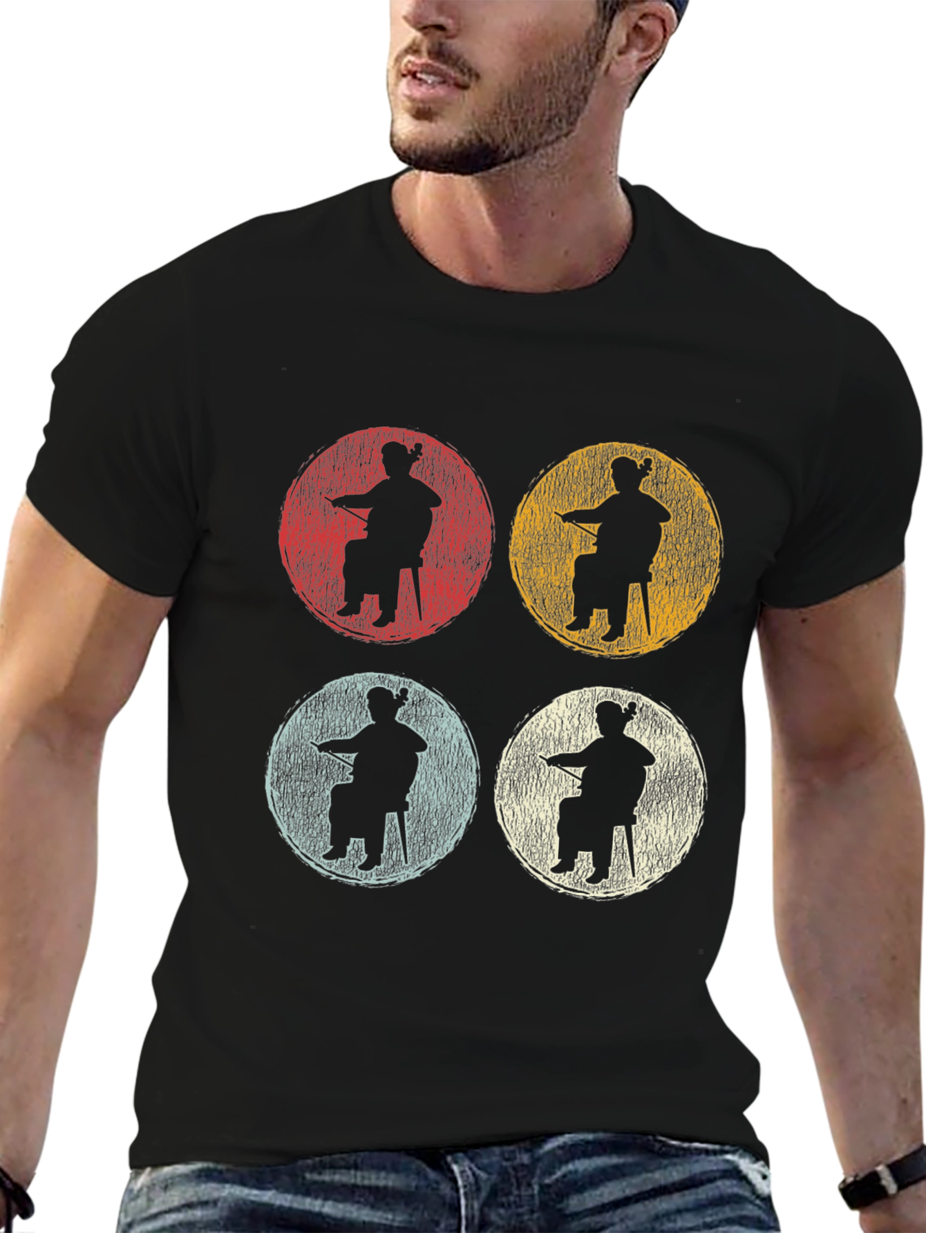 Retro Cello Player Graphic Tee - Black
