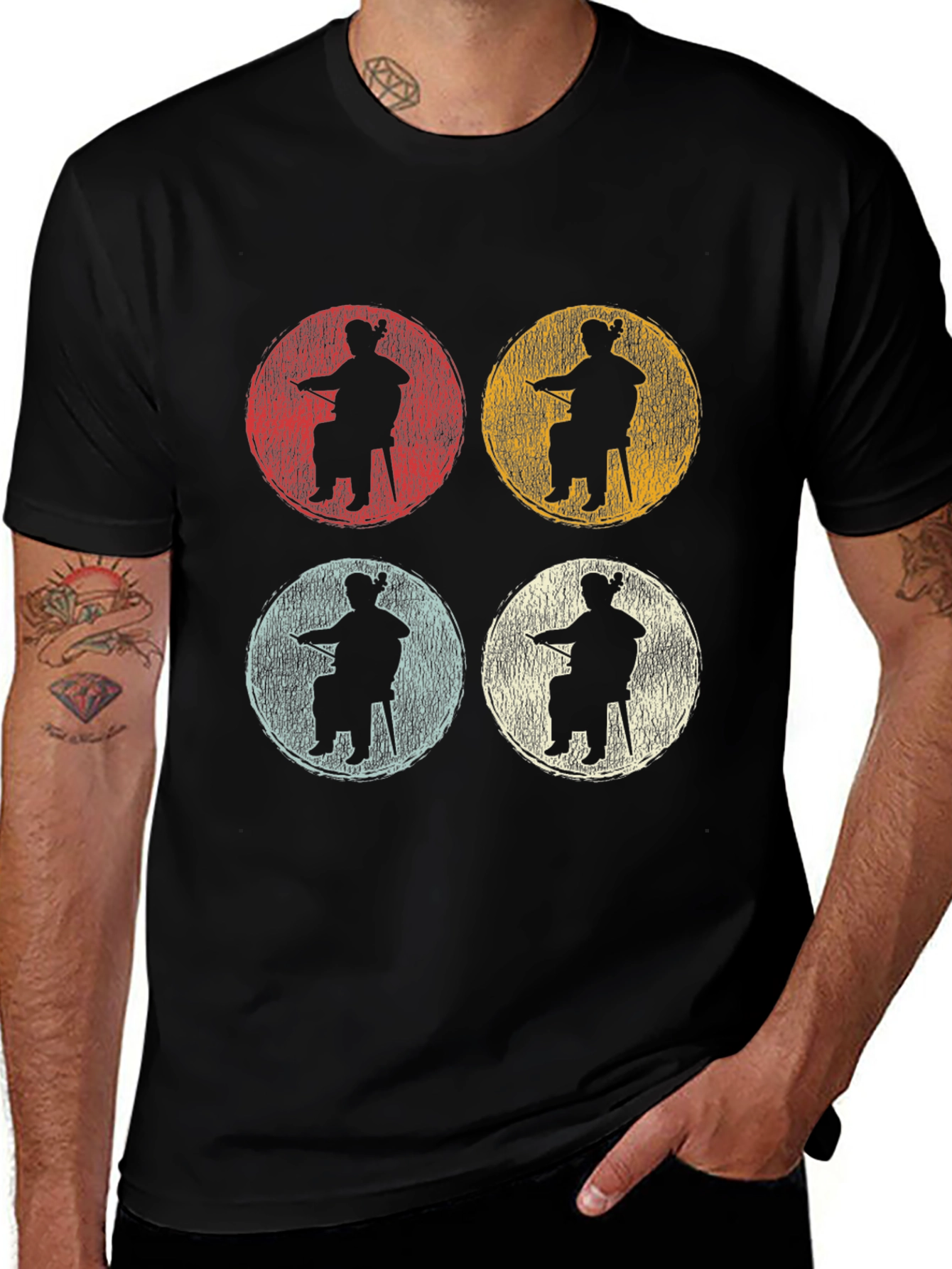 Retro Cello Player Graphic Tee - Black