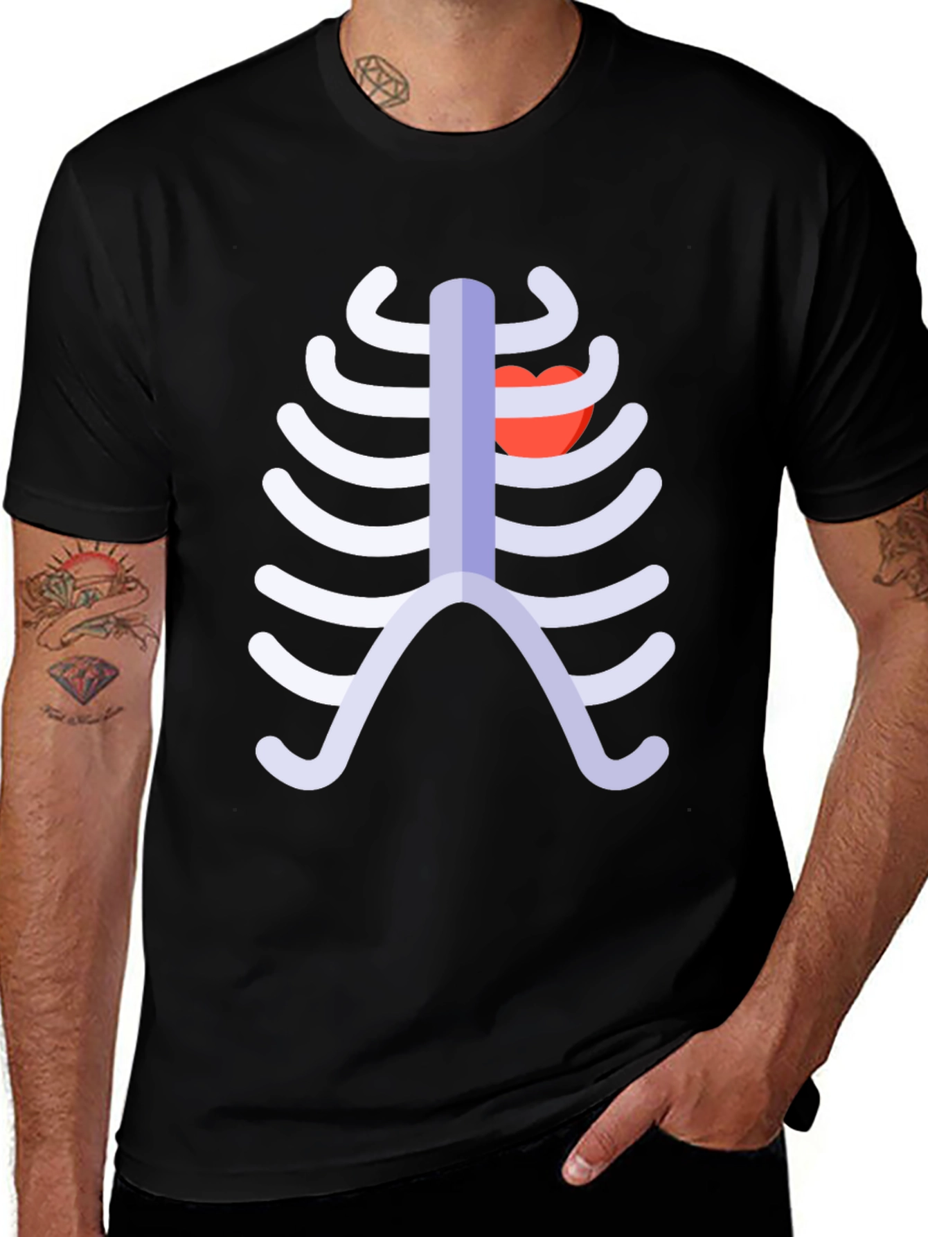 Skeleton Rib Cage Heart Graphic Tee - Black