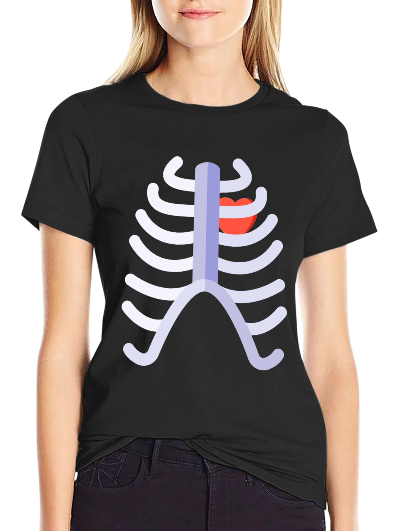 Skeleton Rib Cage Heart Graphic Tee - Black