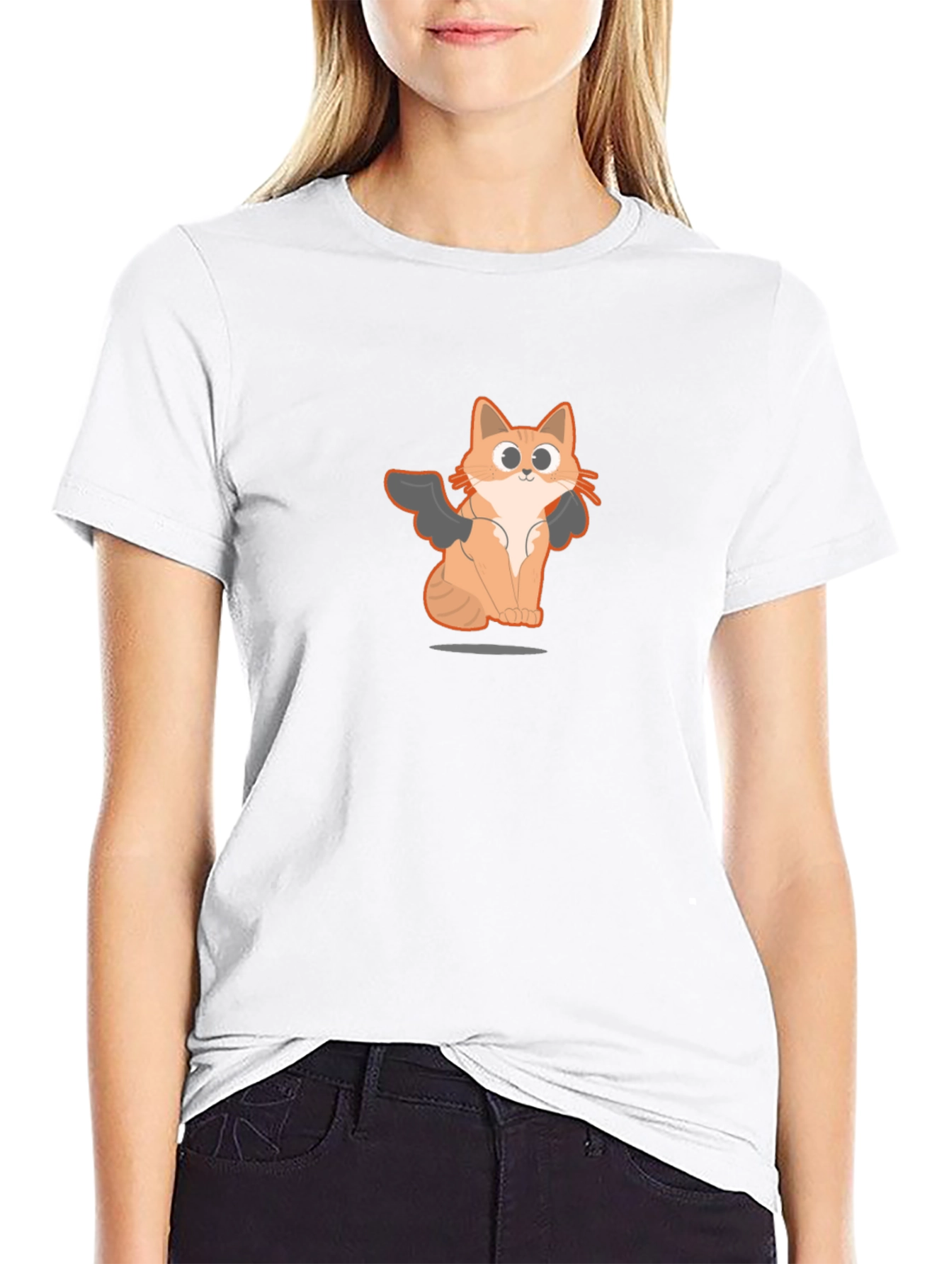 Black T-Shirt with Angel Cat Graphic