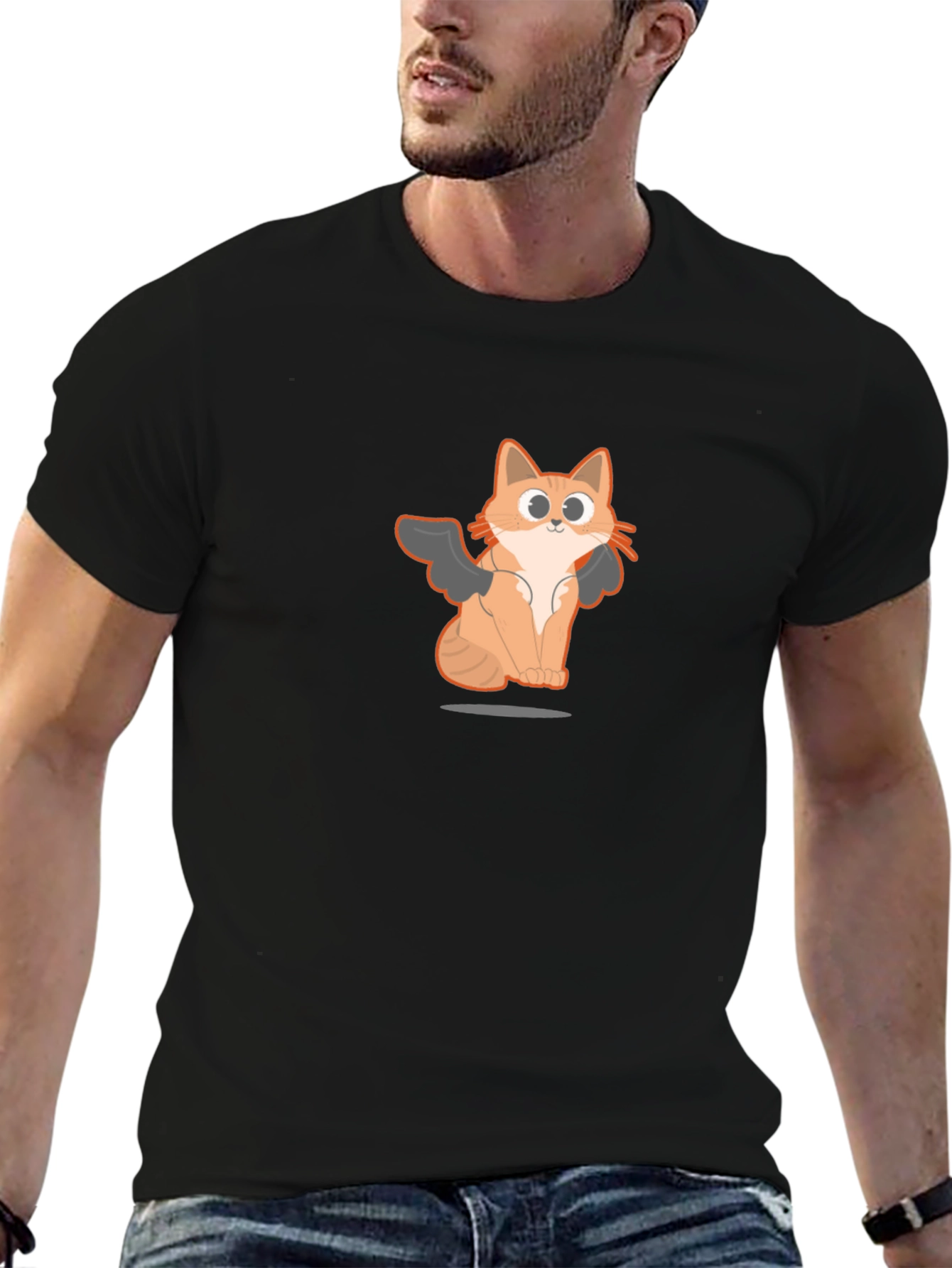 Black T-Shirt with Angel Cat Graphic
