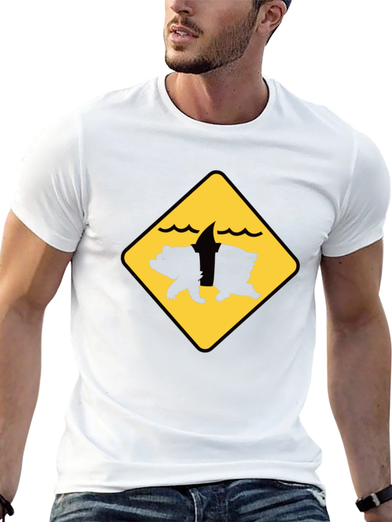 Bear Shark Warning Sign T-Shirt - Novelty Animal Tee
