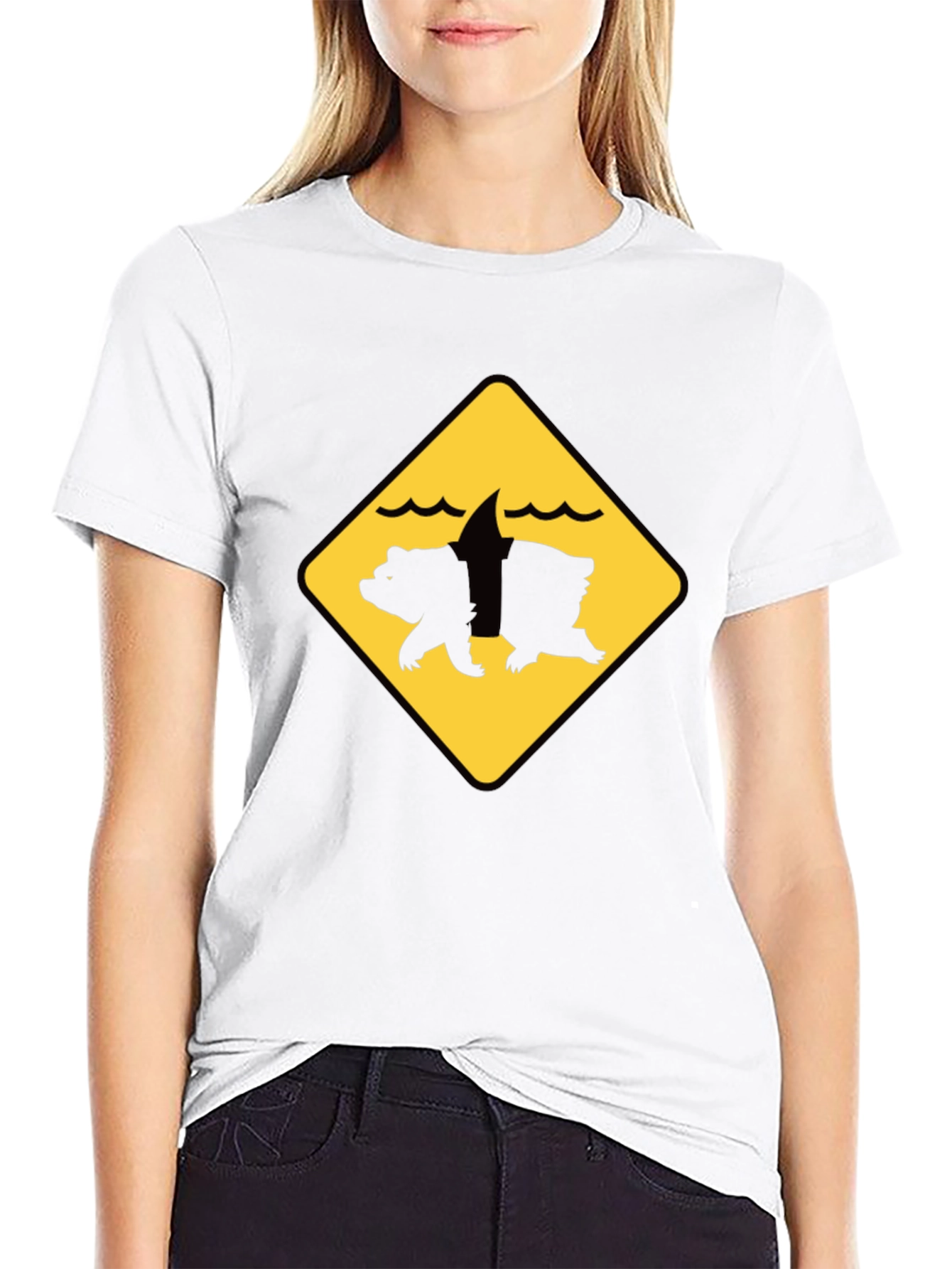 Bear Shark Warning Sign T-Shirt - Novelty Animal Tee