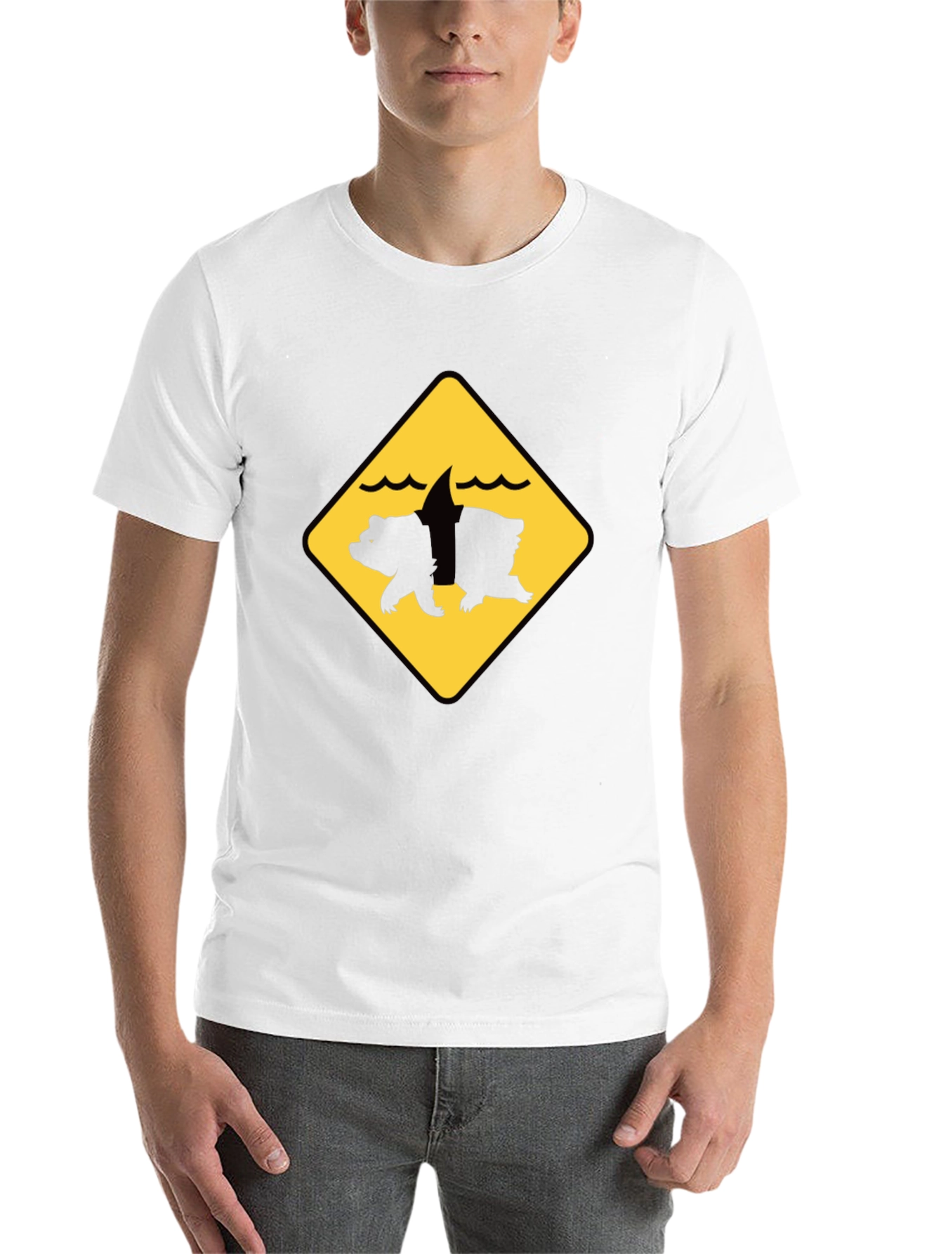Bear Shark Warning Sign T-Shirt - Novelty Animal Tee