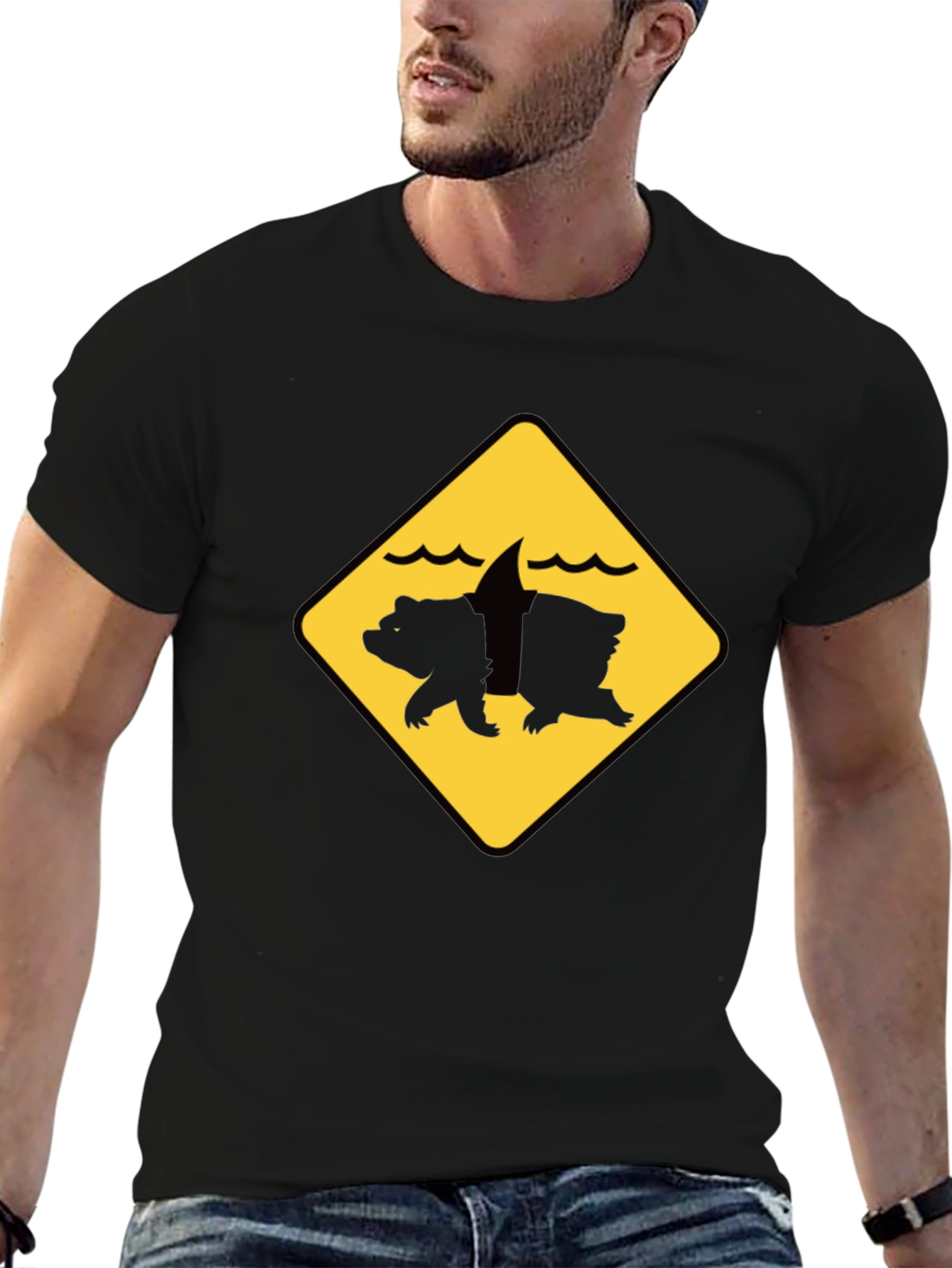 Bear Shark Warning Sign T-Shirt - Novelty Animal Tee