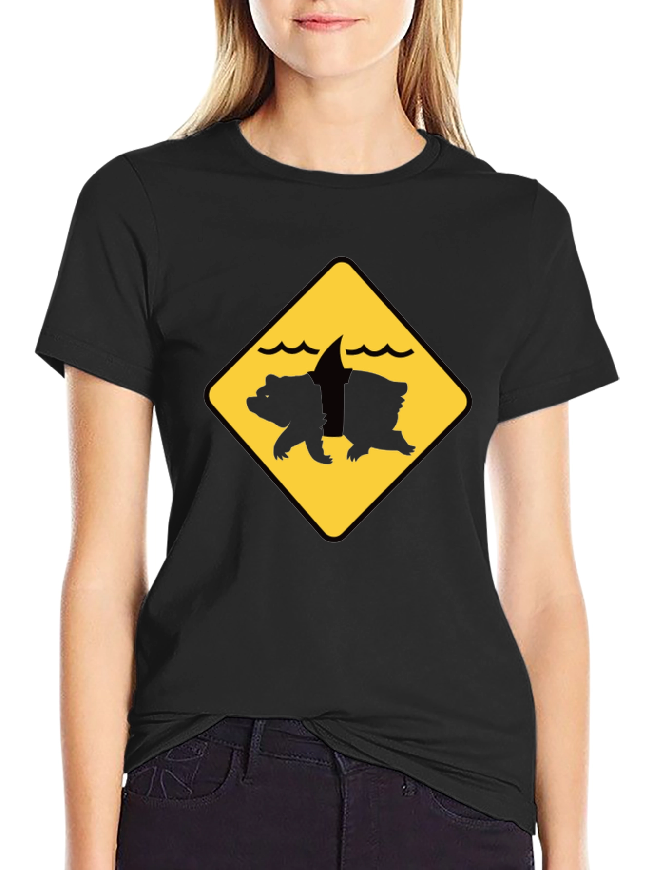 Bear Shark Warning Sign T-Shirt - Novelty Animal Tee