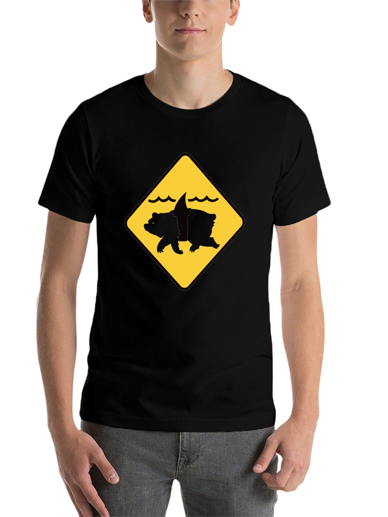 Bear Shark Warning Sign T-Shirt - Novelty Animal Tee