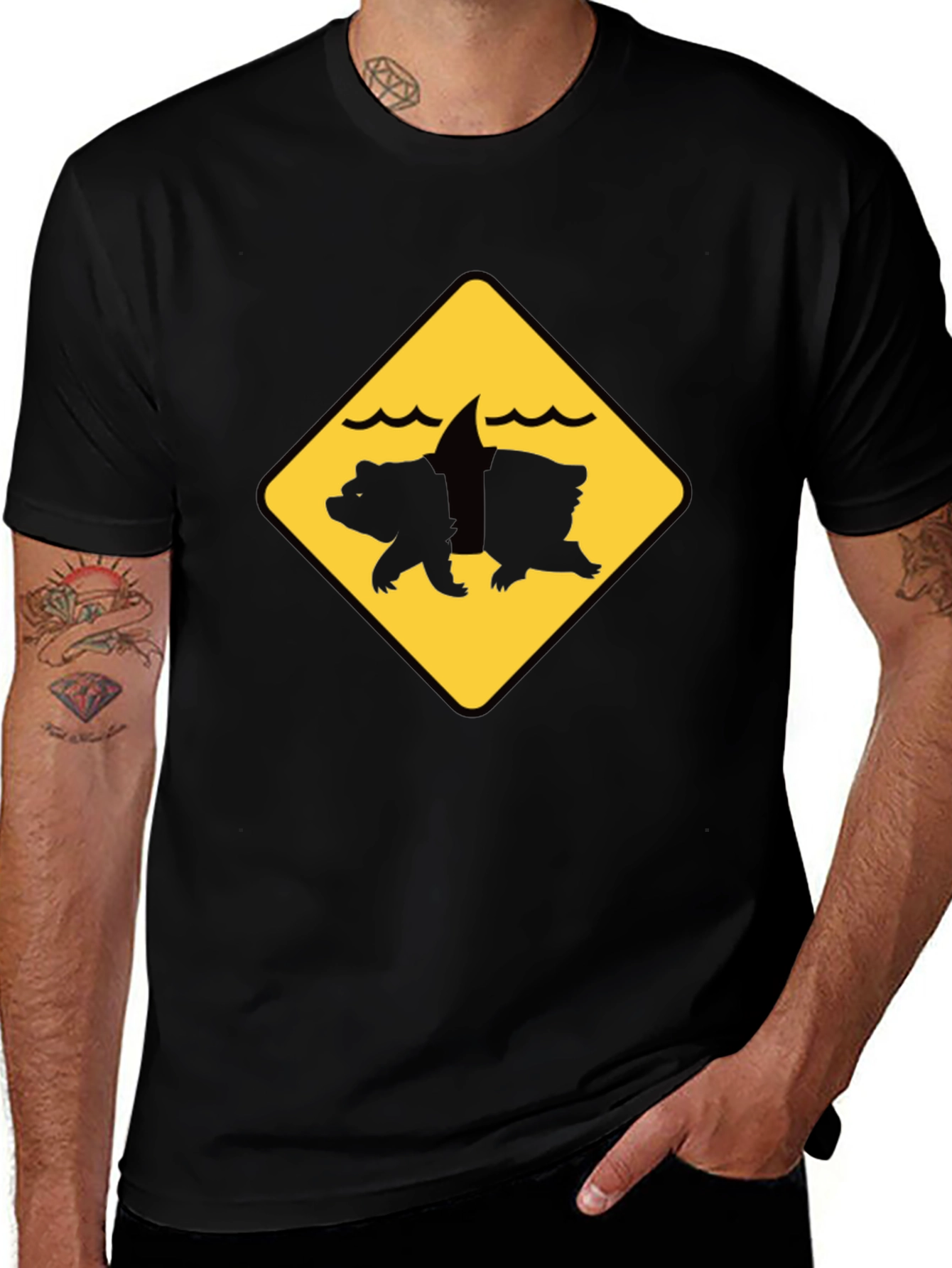 Bear Shark Warning Sign T-Shirt - Novelty Animal Tee